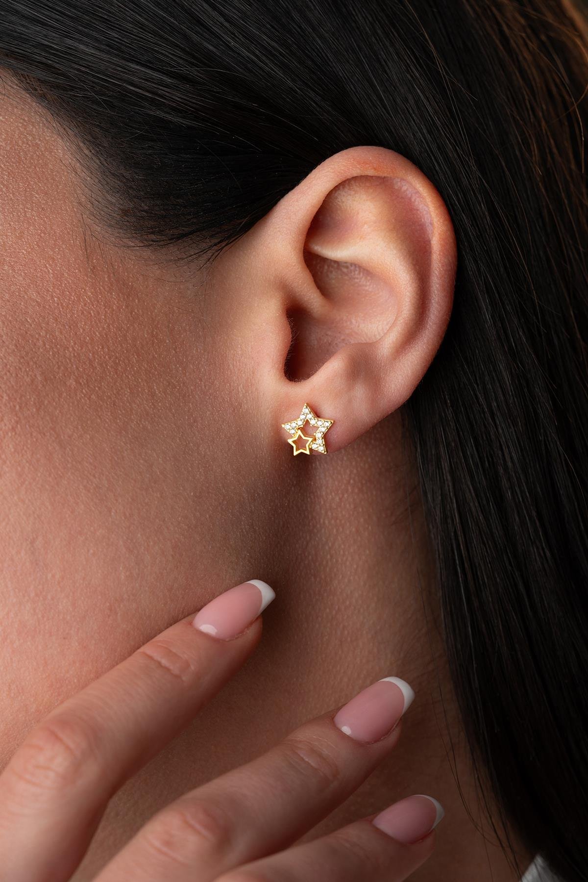 925 Ayar Gümüş Gold Zirkon Taşlı Çift Yıldız Model Küpe