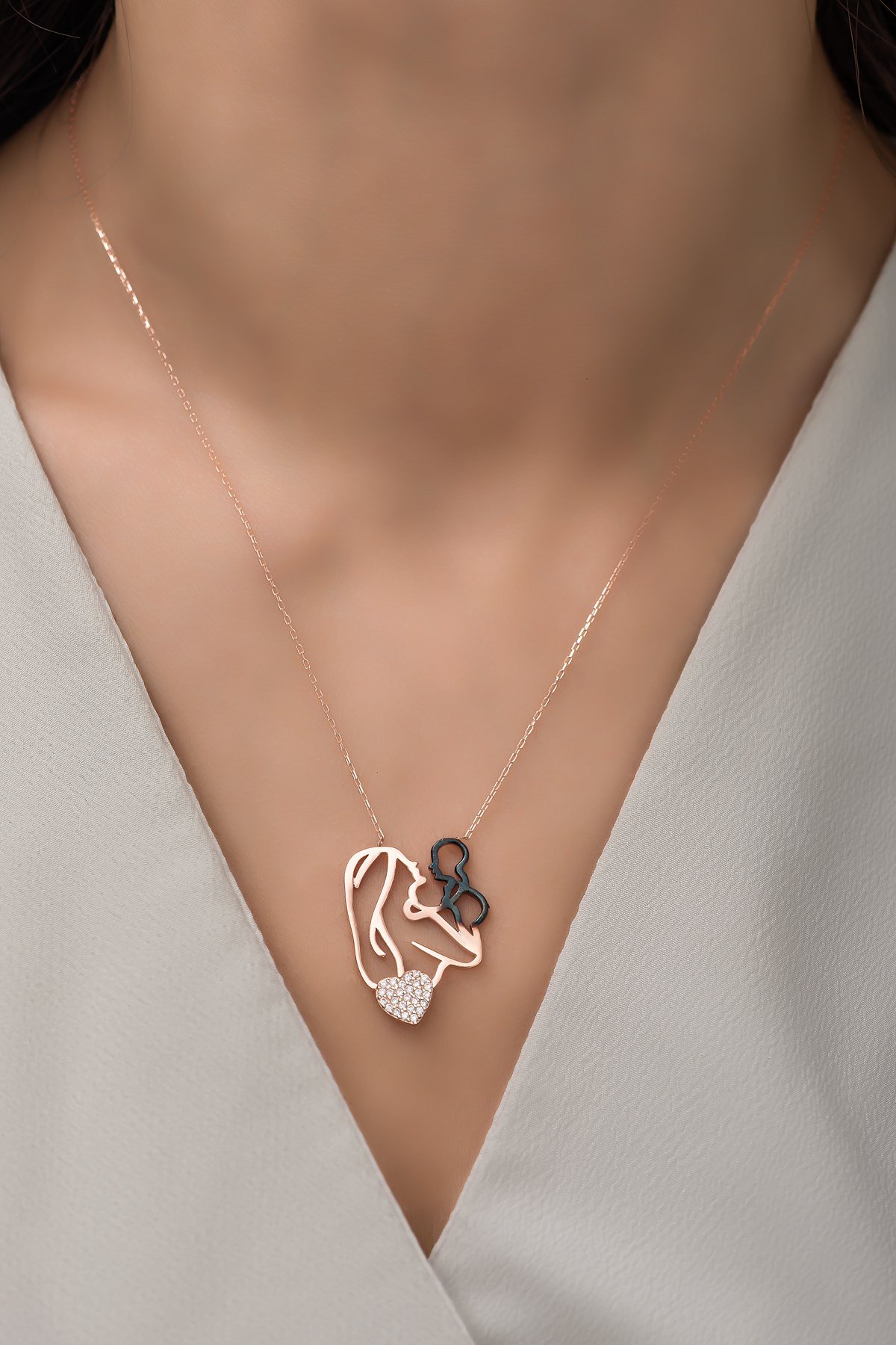 925 Ayar Gümüş Kalp Detay Anne Bebek Kolye