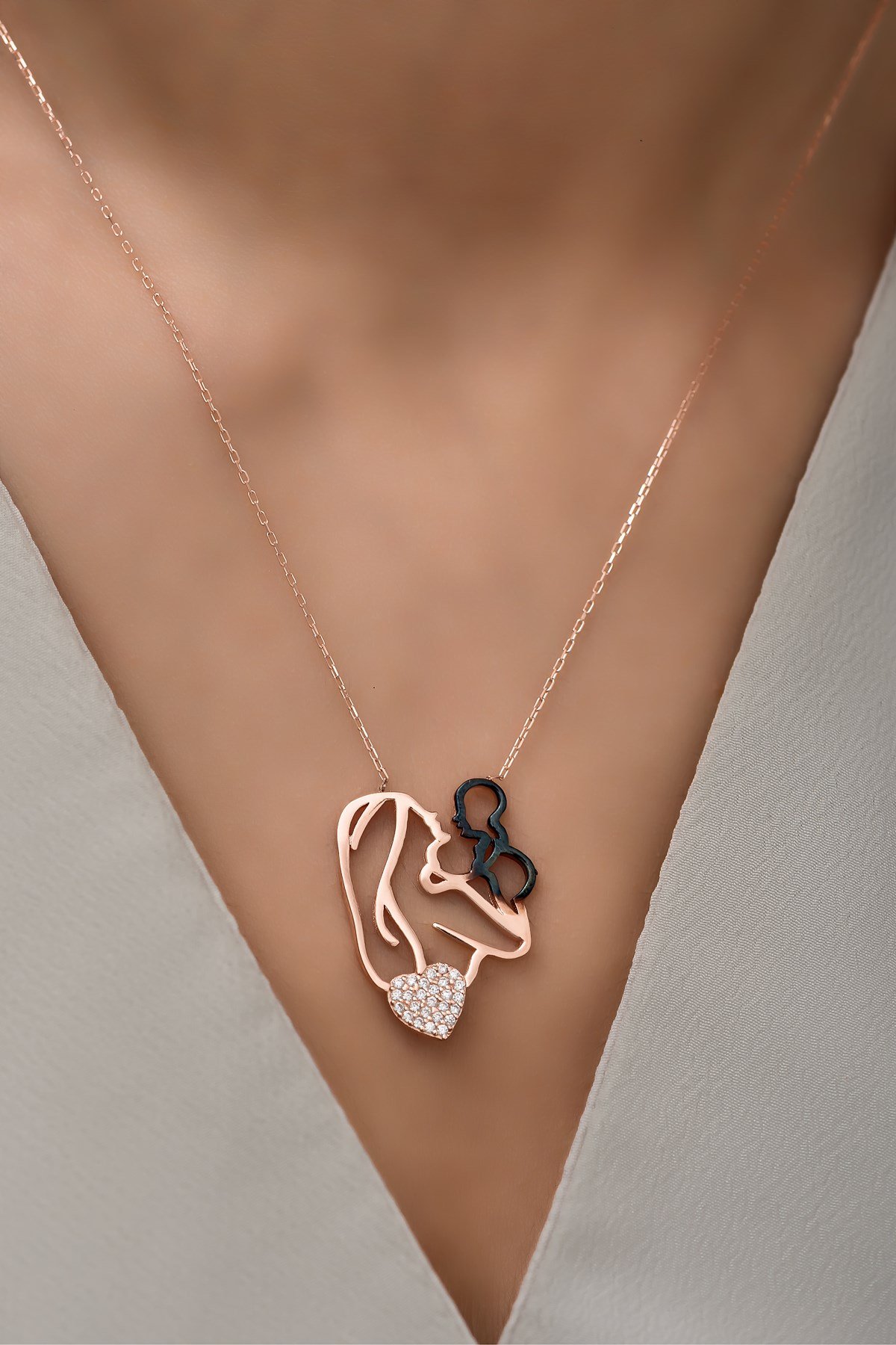 925 Ayar Gümüş Kalp Detay Anne Bebek Kolye