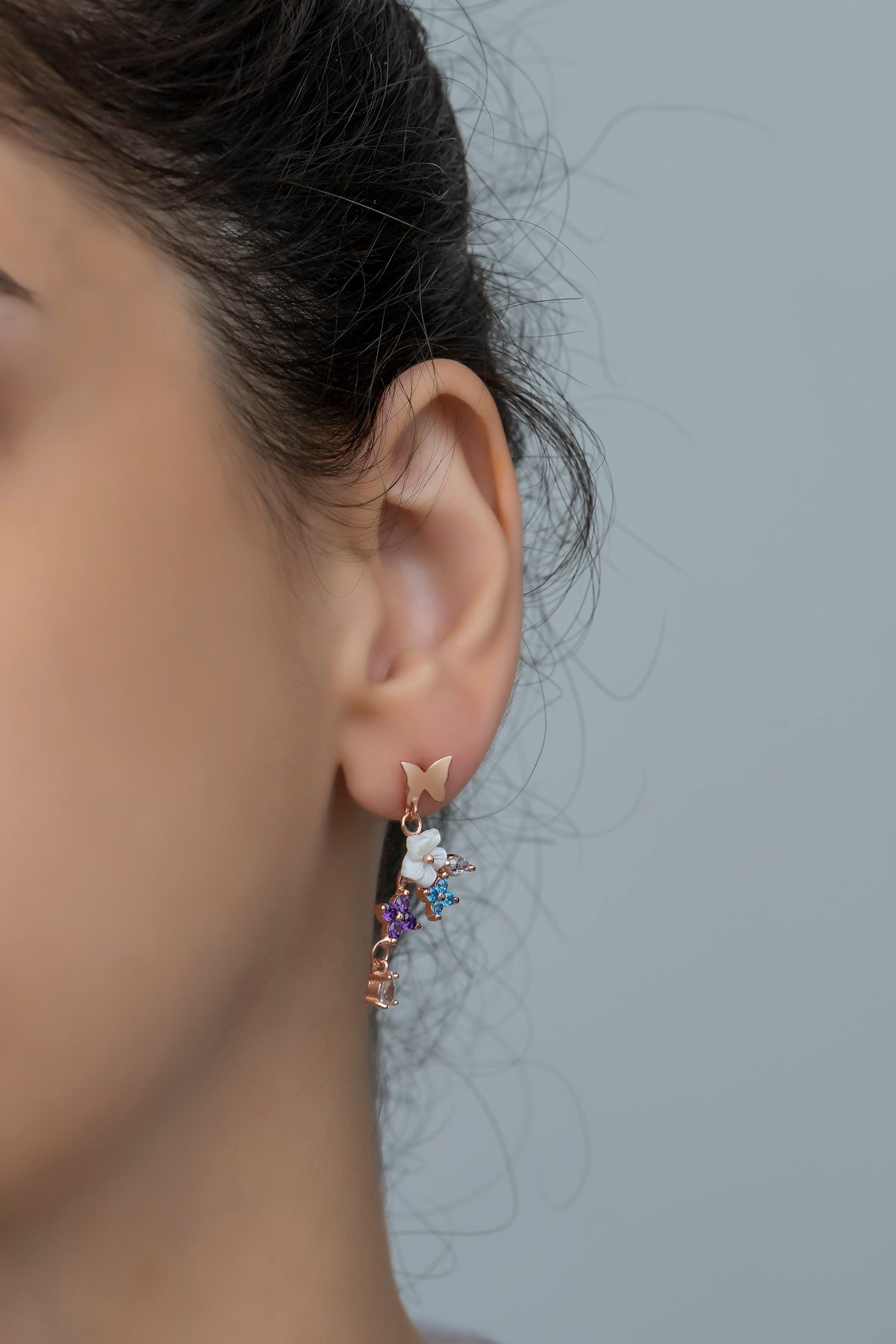 925 Ayar Gümüş Kelebek ve Yonca Bahar Çiçeği Manolya Küpe