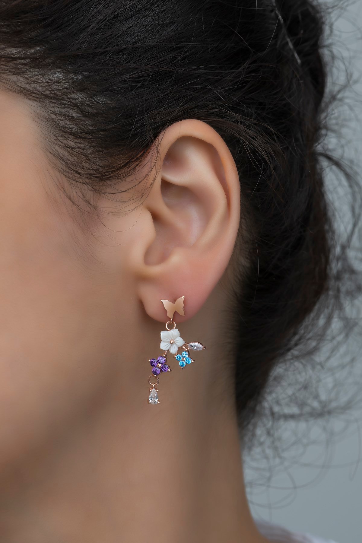 925 Ayar Gümüş Kelebek ve Yonca Bahar Çiçeği Manolya Kolye ve Küpe Set