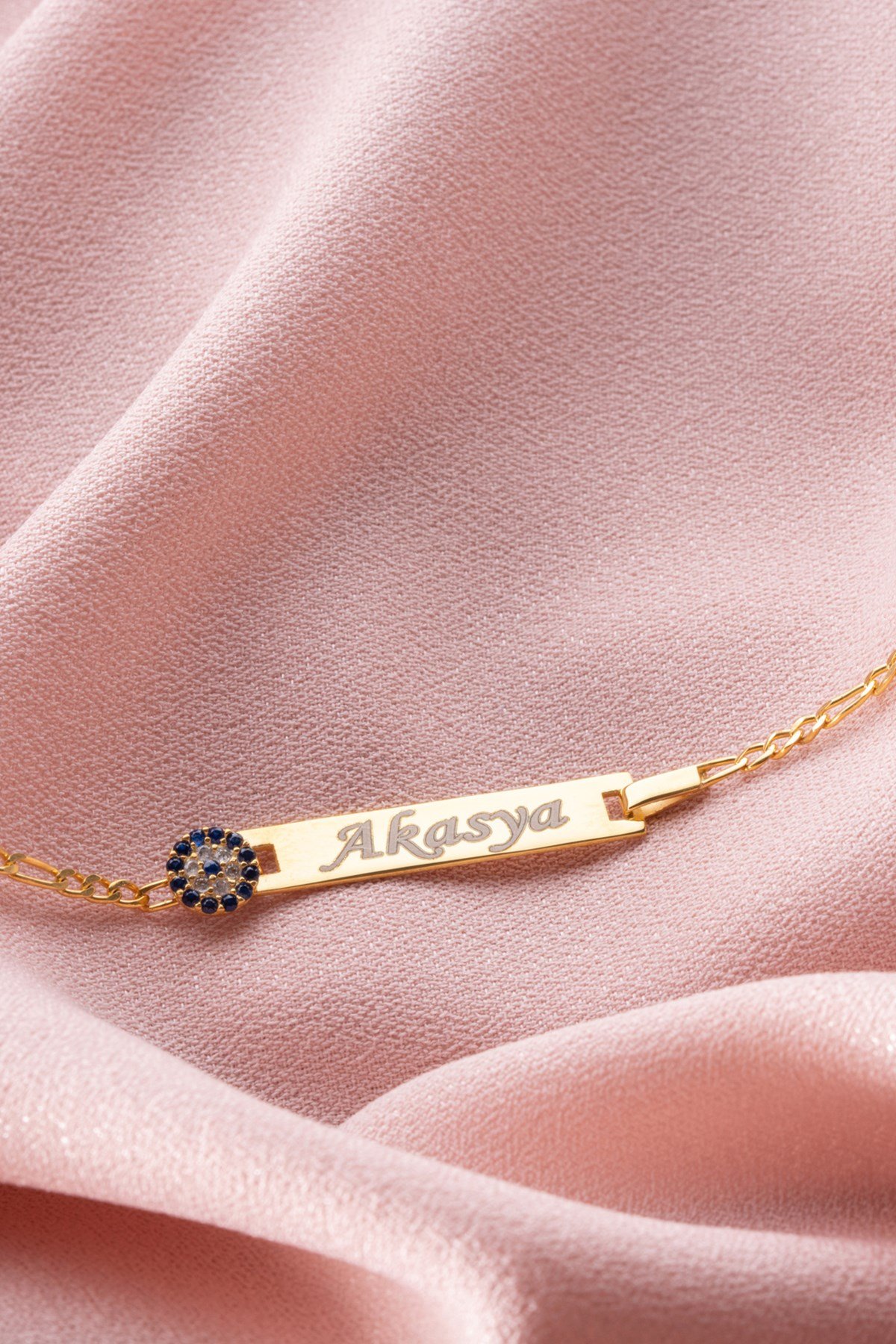 925 Ayar Gümüş Kişiye Özel Figaro Zincir Nazarlı İsimli Çocuk Bileklik