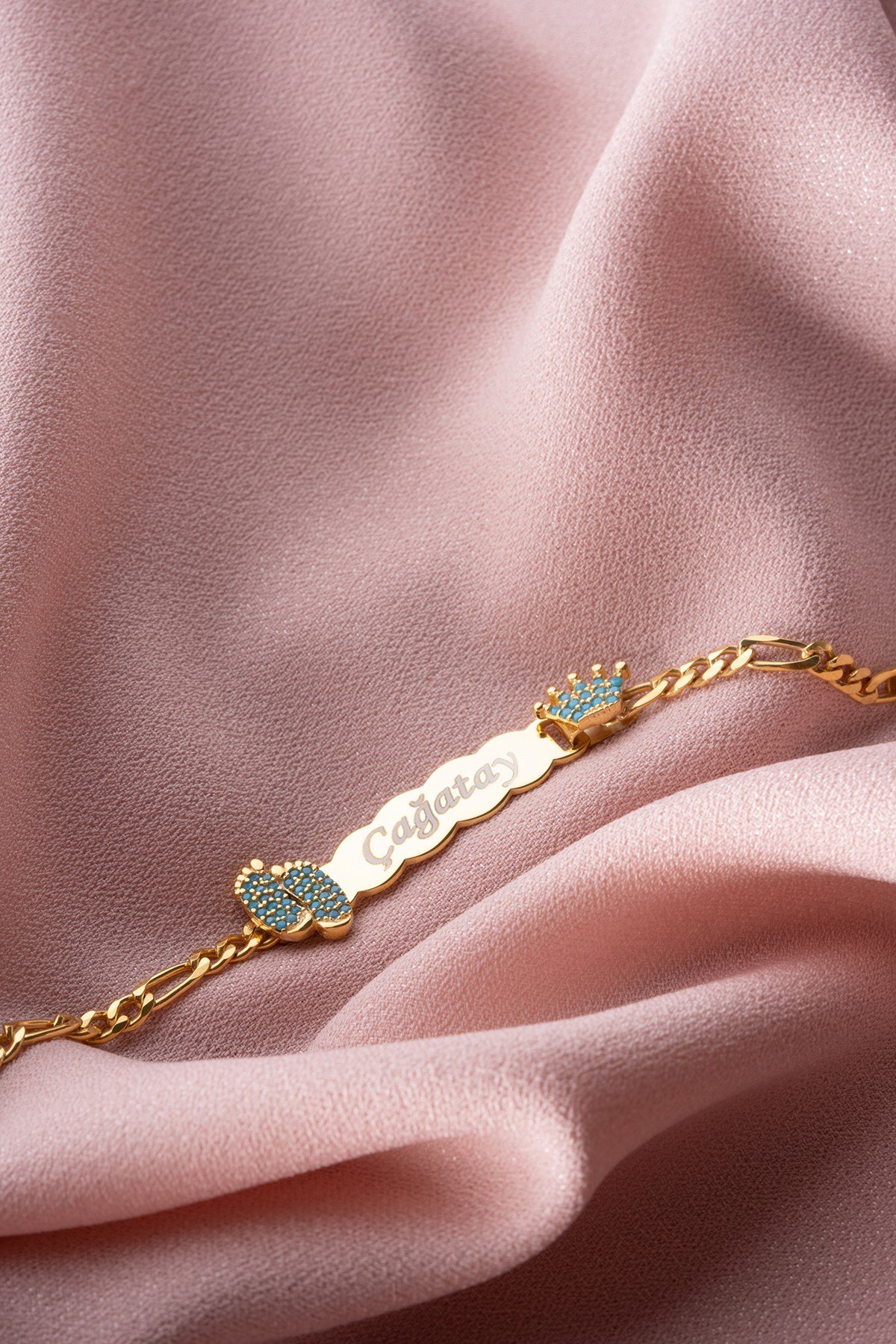 925 Ayar Gümüş Kişiye Özel Figaro Zincir Mavi Ayaklı İsimli Çocuk Bileklik