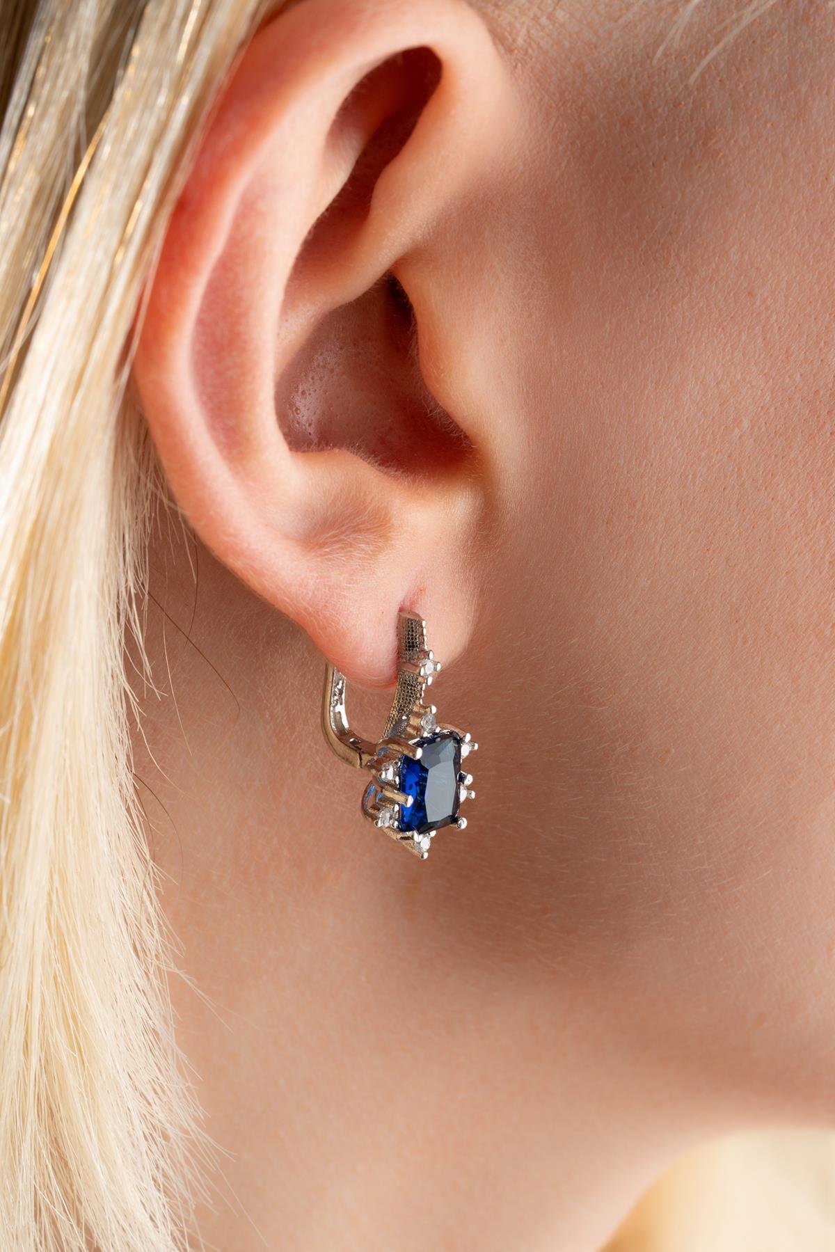 925 Ayar Gümüş Mavi Baget Taşlı Küpe Ve Kolye Set