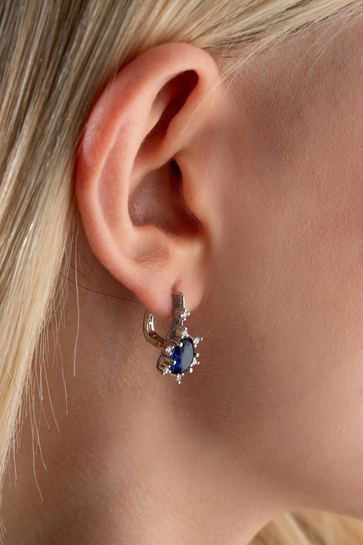 925 Ayar Gümüş Mavi Oval Taşlı Küpe Ve Kolye Set