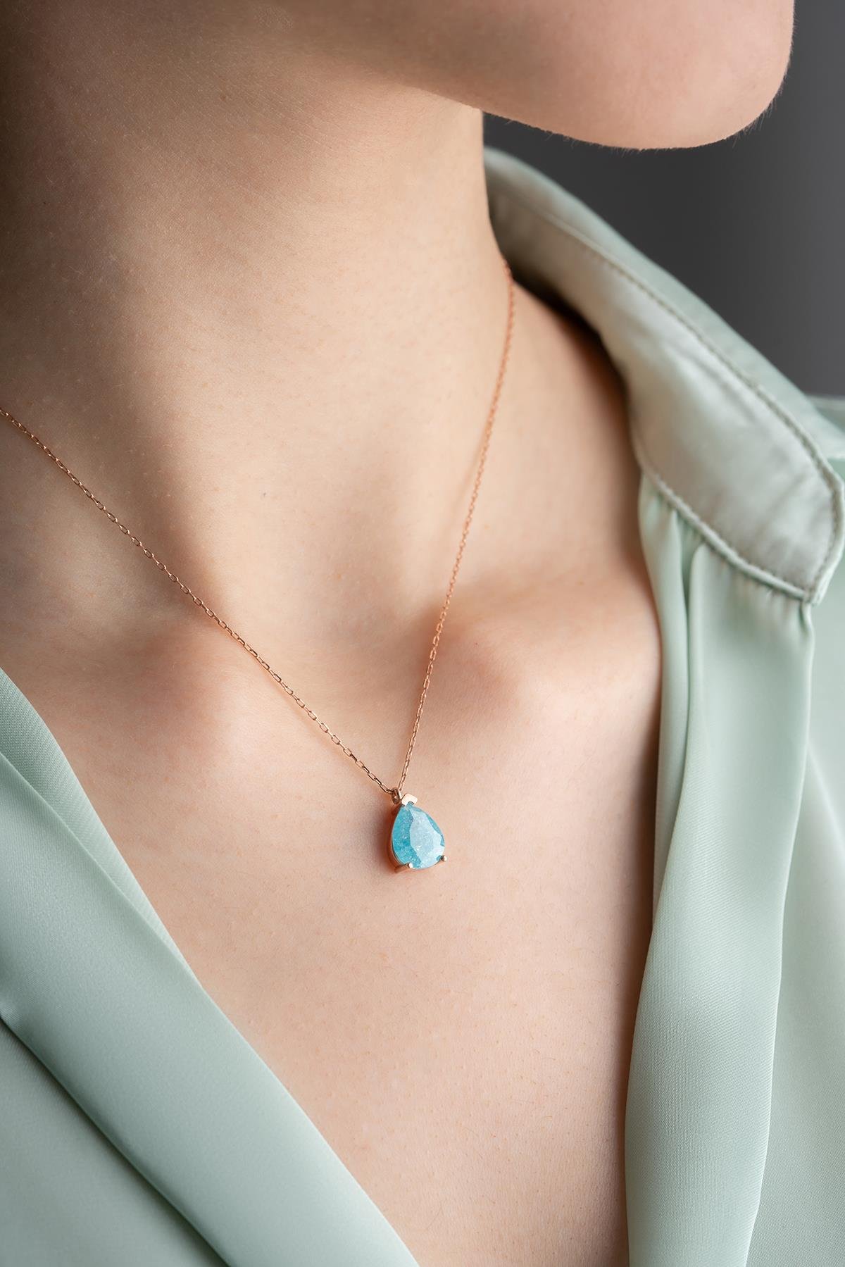 925 Ayar Gümüş Mavi Taşlı Damla Model Kolye