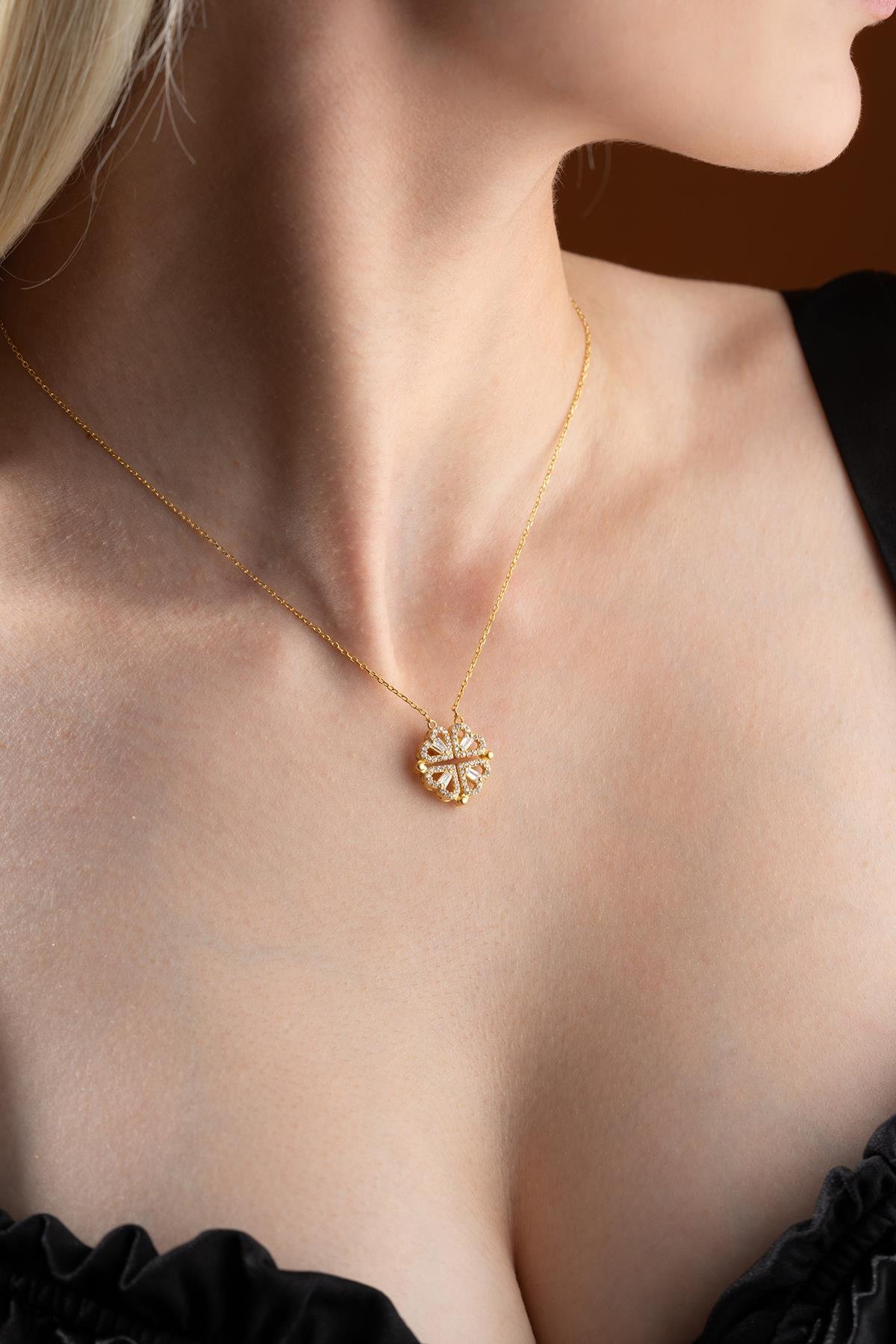 925 Ayar Gümüş Mıknatıslı Açılır Kapanır Gold Yonca Kolye