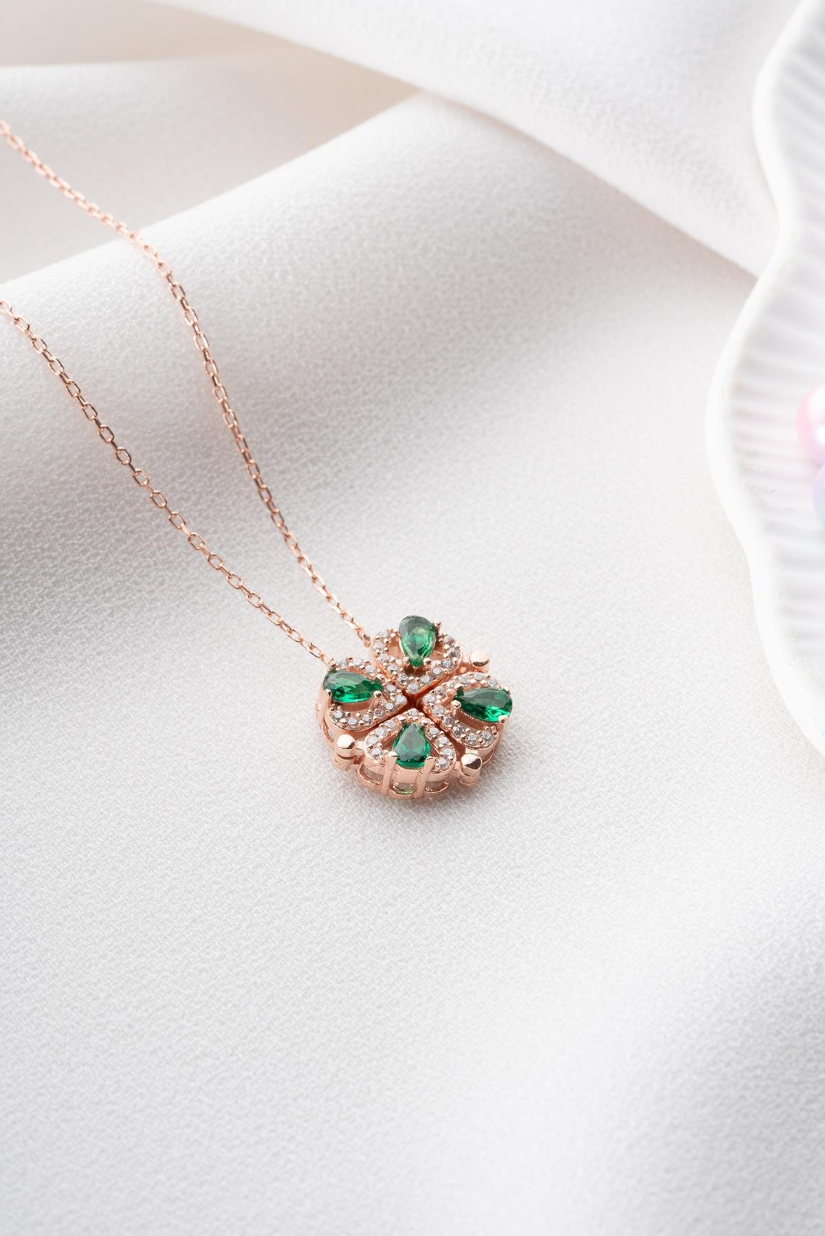 925 Ayar Gümüş Mıknatıslı Ayrılabilir Yeşil Zirkon Taşlı 4 Kalpli Yonca Kolye