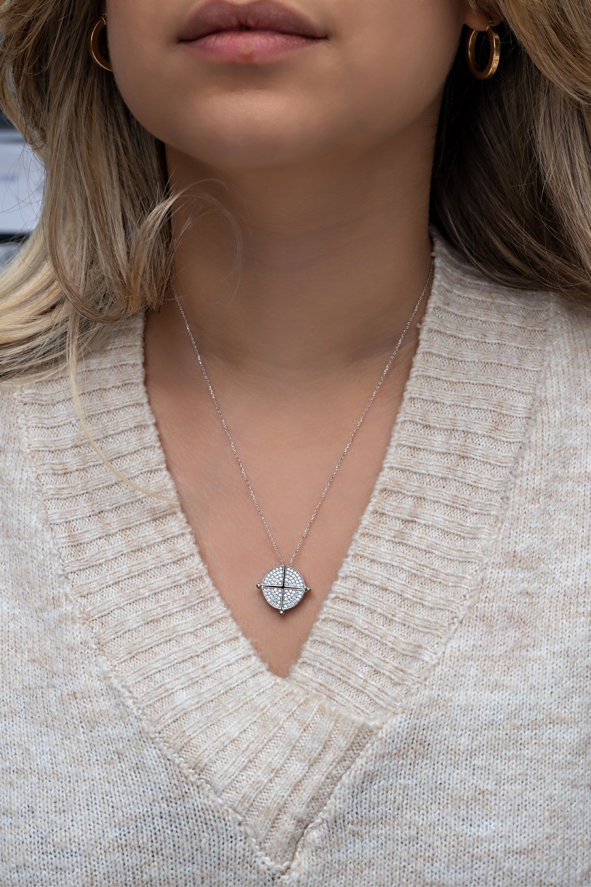 925 Ayar Gümüş Mıknatıslı Ayrılabilir Rodyumlu Daire Kolye