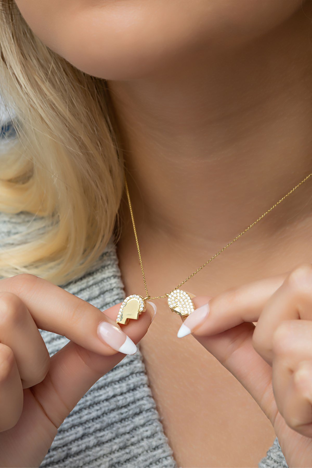 925 Ayar Gümüş Mıknatıslı Ayrılabilir Gold Kalp Kolye