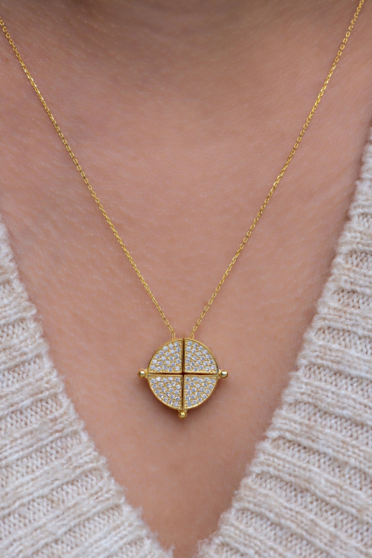 925 Ayar Gümüş Mıknatıslı Ayrılabilir Gold Daire Kolye