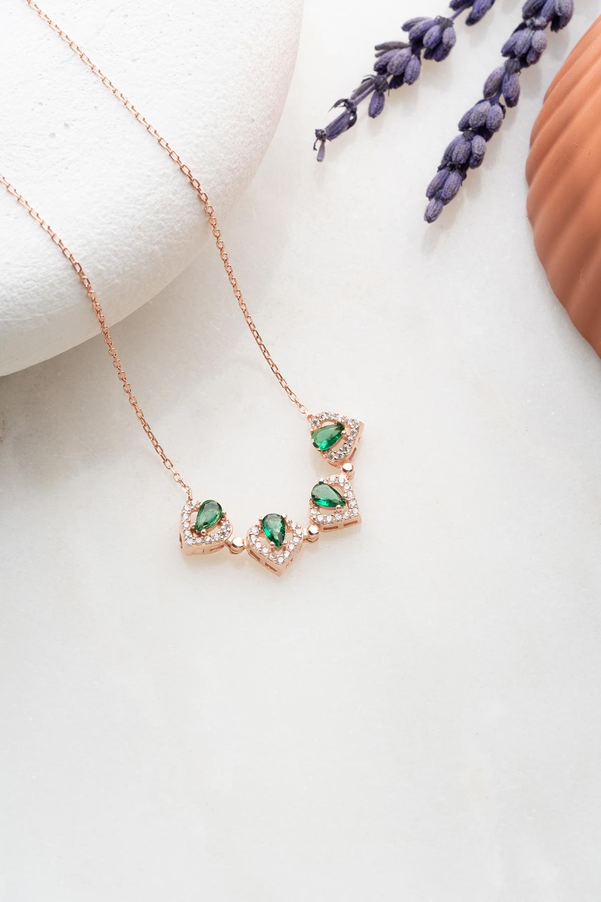 925 Ayar Gümüş Mıknatıslı Ayrılabilir Yeşil Zirkon Taşlı 4 Kalpli Yonca Kolye