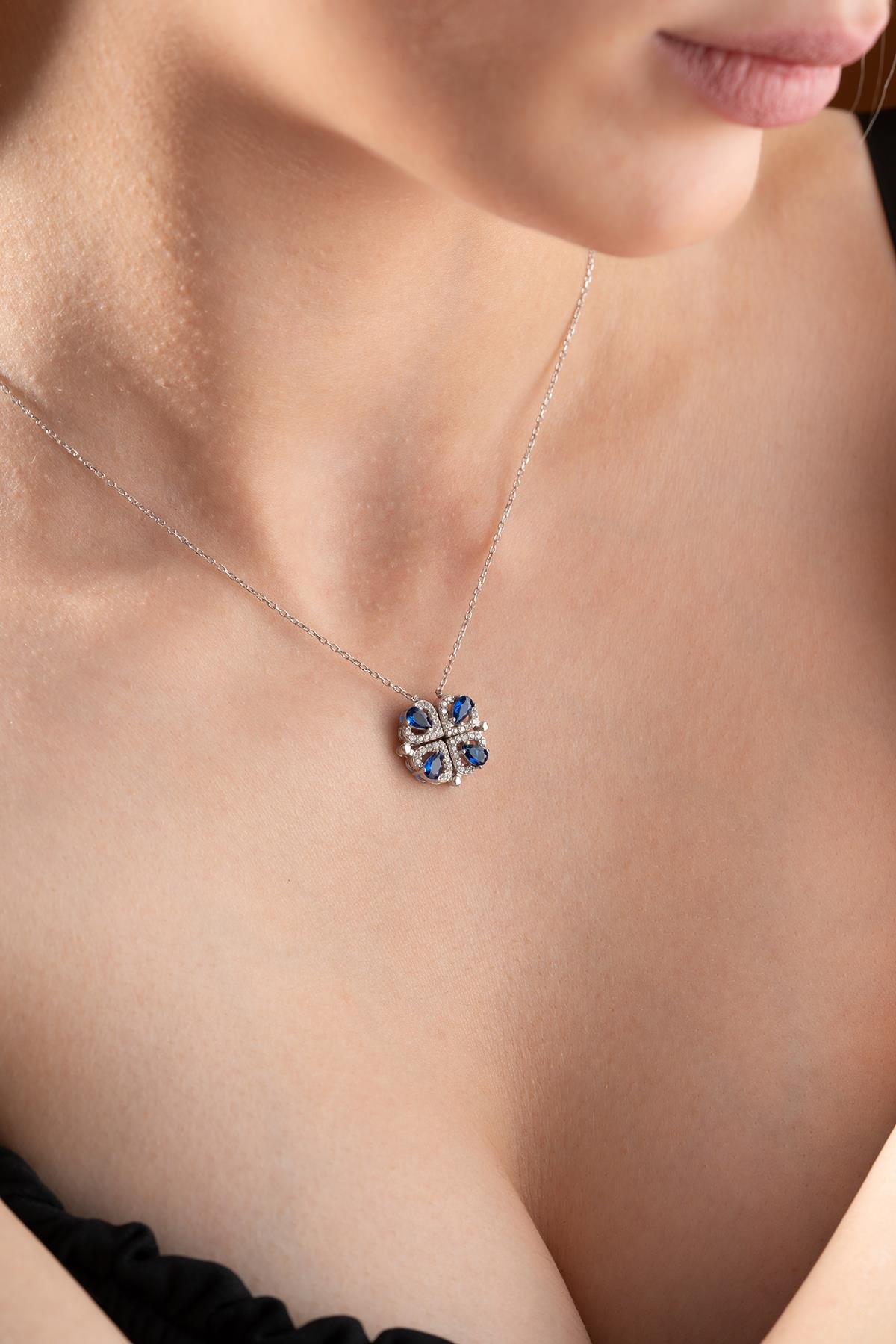 925 Ayar Gümüş Mıknatıslı Ayrılabilir Rodyumlu Mavi Zirkon Taşlı 4 Kalpli Yonca Kolye