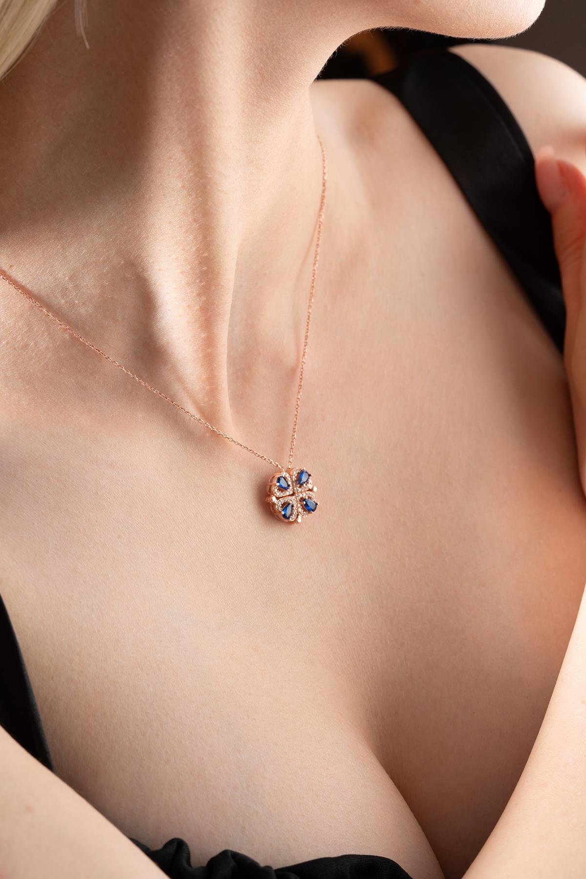 925 Ayar Gümüş Mıknatıslı Ayrılabilir Yeşil Zirkon Taşlı 4 Kalpli Yonca Kolye