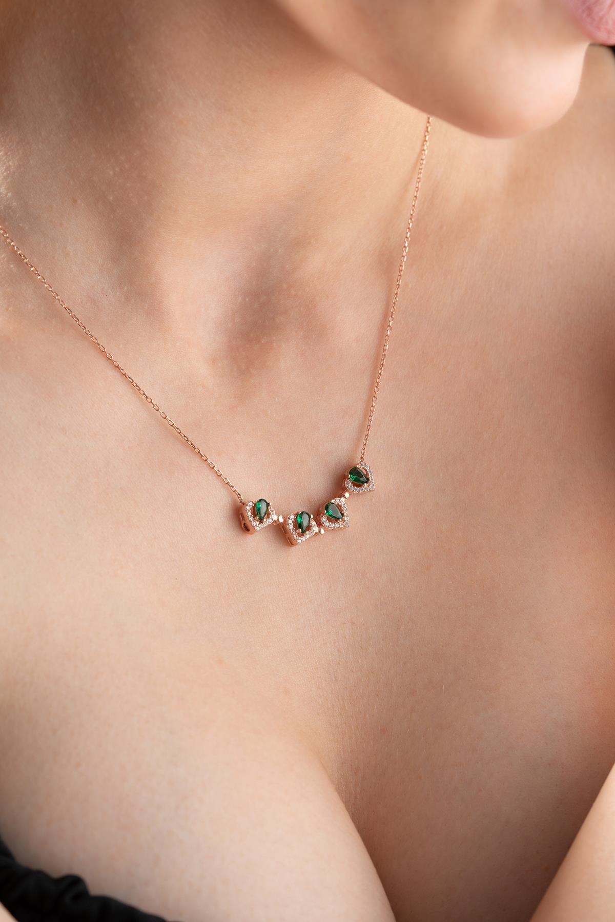 925 Ayar Gümüş Mıknatıslı Ayrılabilir Yeşil Zirkon Taşlı 4 Kalpli Yonca Kolye