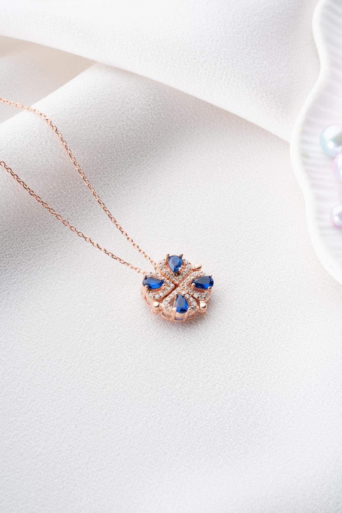 925 Ayar Gümüş Mıknatıslı Ayrılabilir Yeşil Zirkon Taşlı 4 Kalpli Yonca Kolye