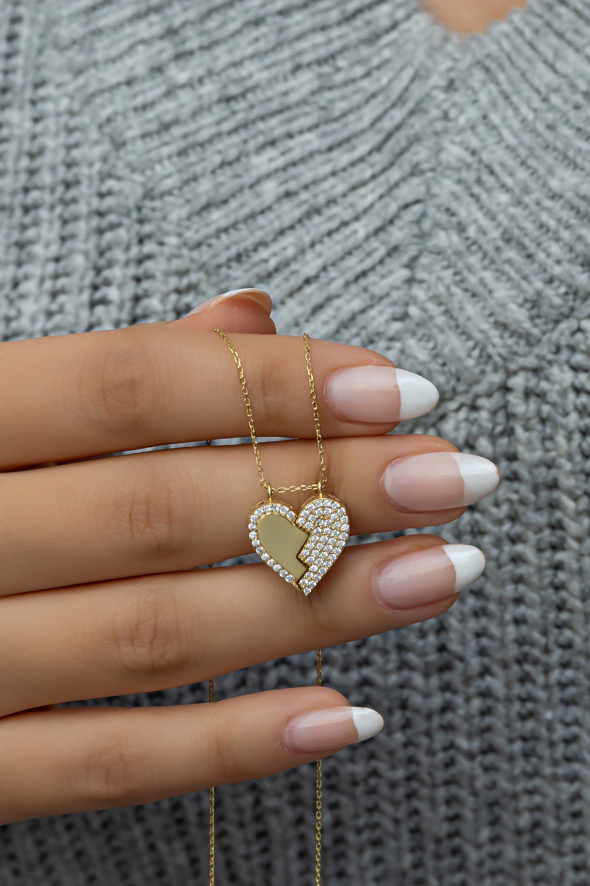 925 Ayar Gümüş Mıknatıslı Ayrılabilir Gold Kalp Kolye