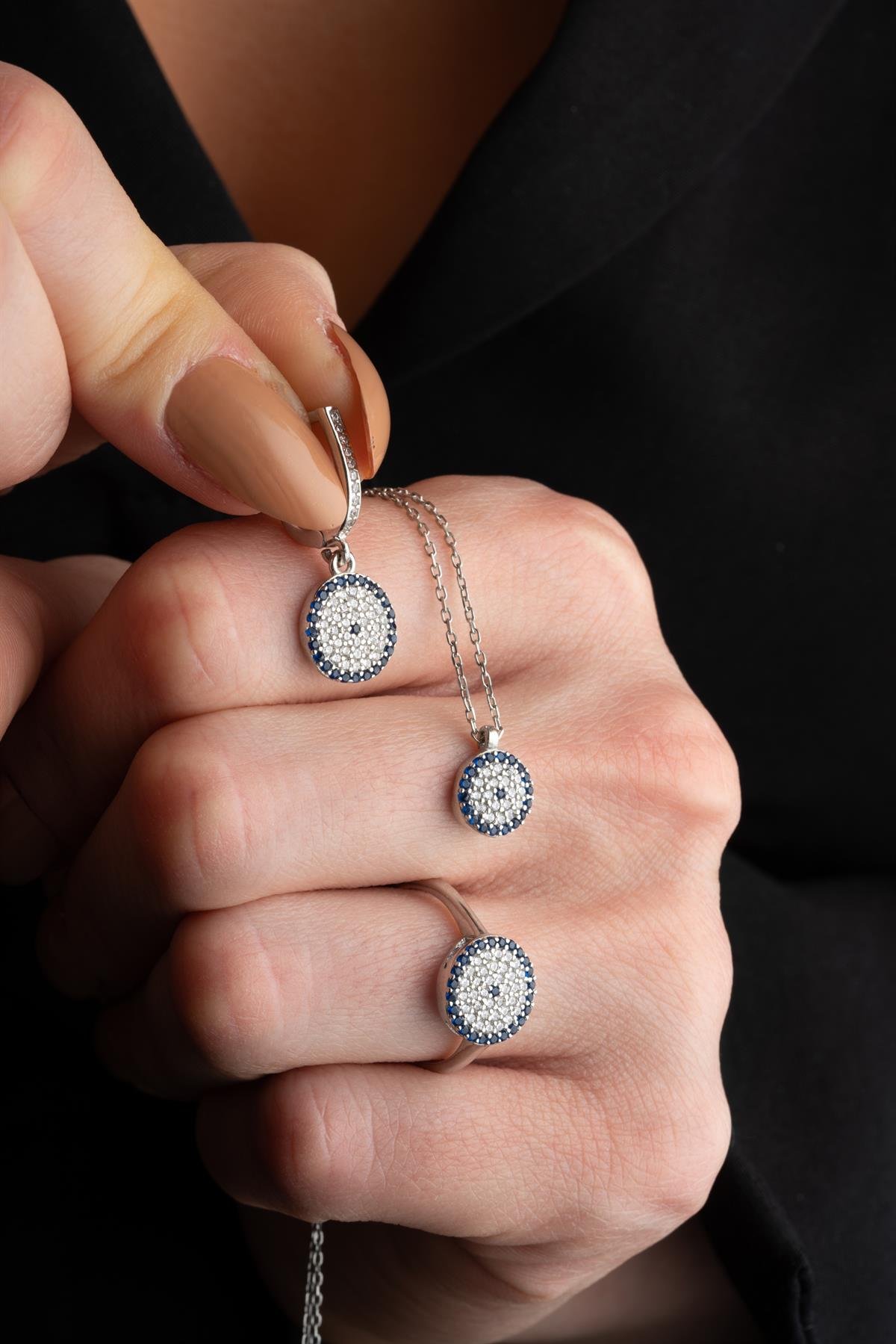 925 Ayar Gümüş Minik Nazar Model Küpe Yüzük Ve Kolye Set