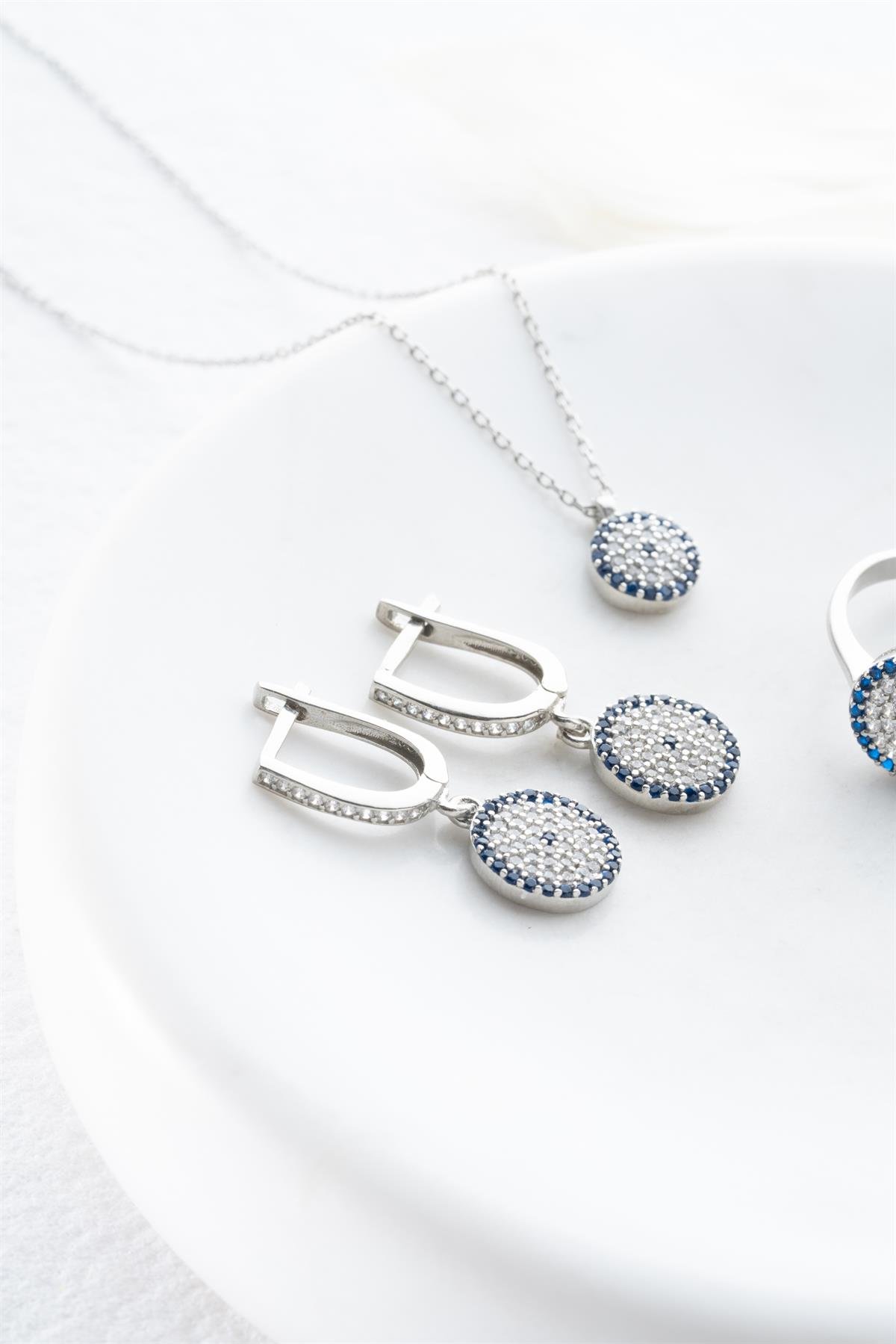 925 Ayar Gümüş Minik Nazar Model Küpe Yüzük Ve Kolye Set