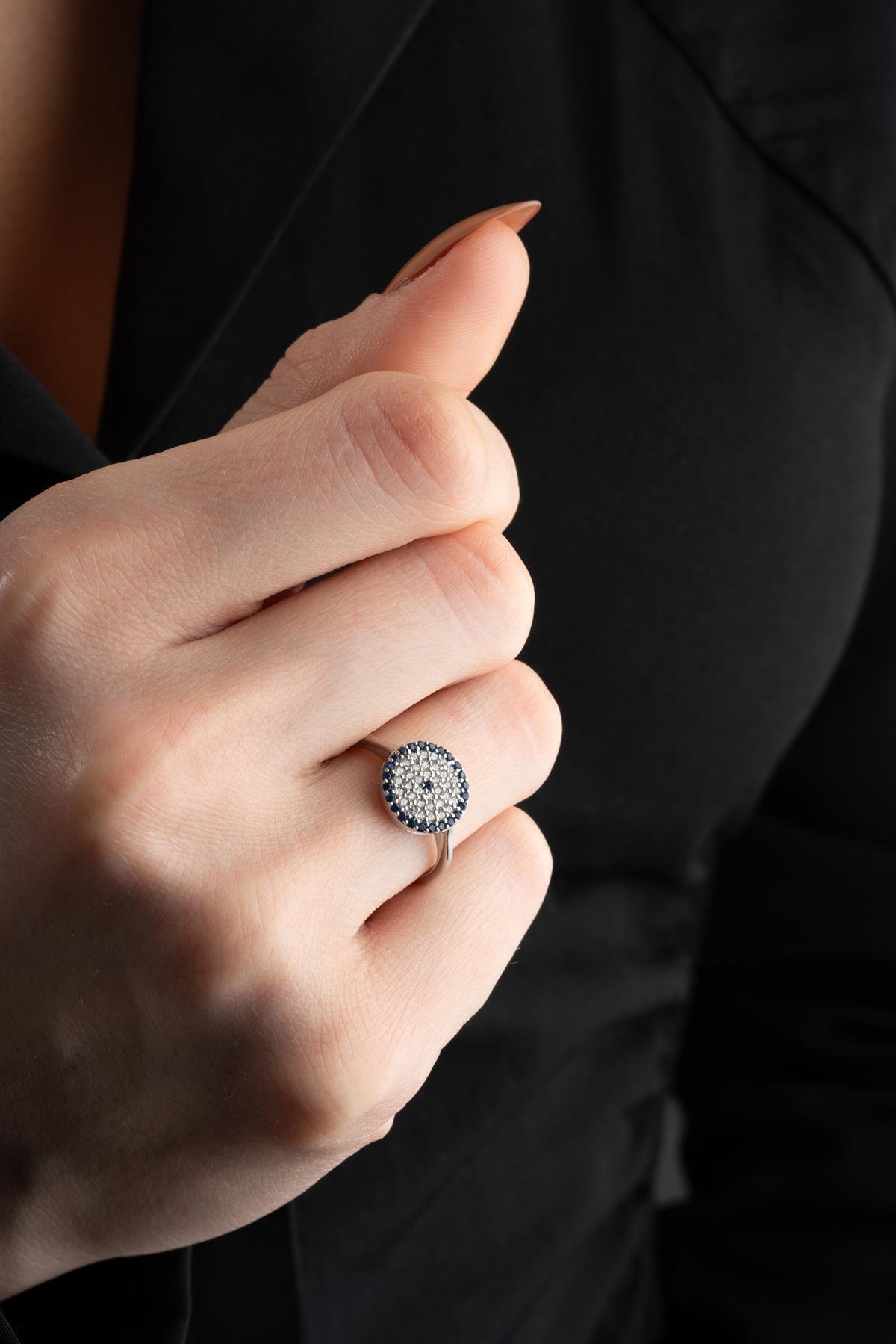 925 Ayar Gümüş Minik Nazar Model Küpe Yüzük Ve Kolye Set