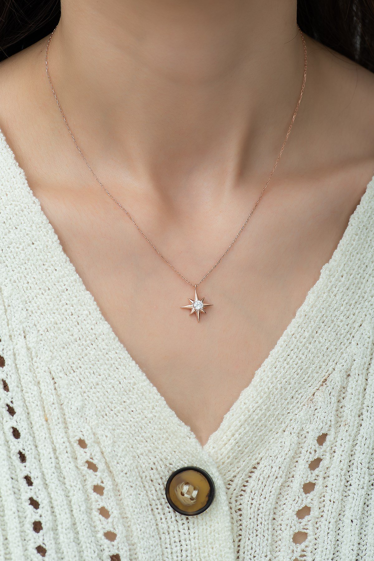 925 Ayar Gümüş Minik Tektaş Kutup Yıldızı Gümüş Kolye