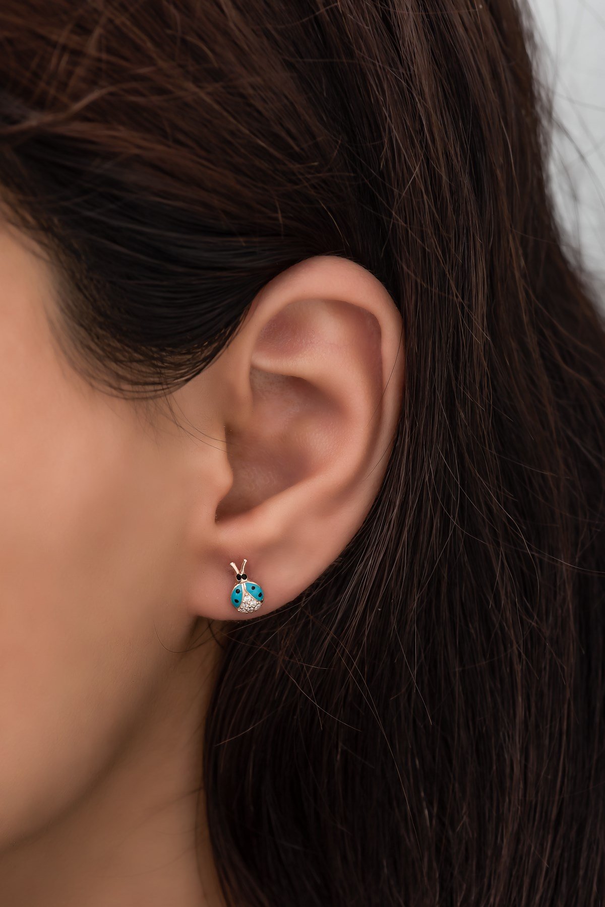 925 Ayar Gümüş Minik Turkuaz Uğur Böceği Küpe