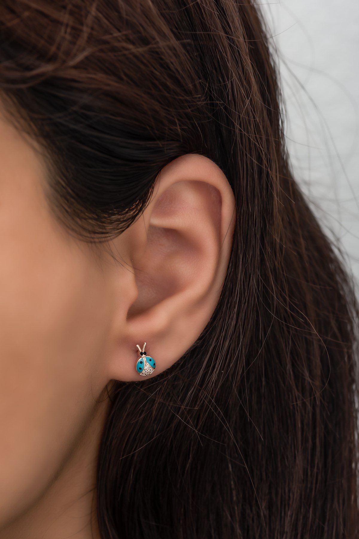 925 Ayar Gümüş Minik Turkuaz Uğur Böceği Küpe