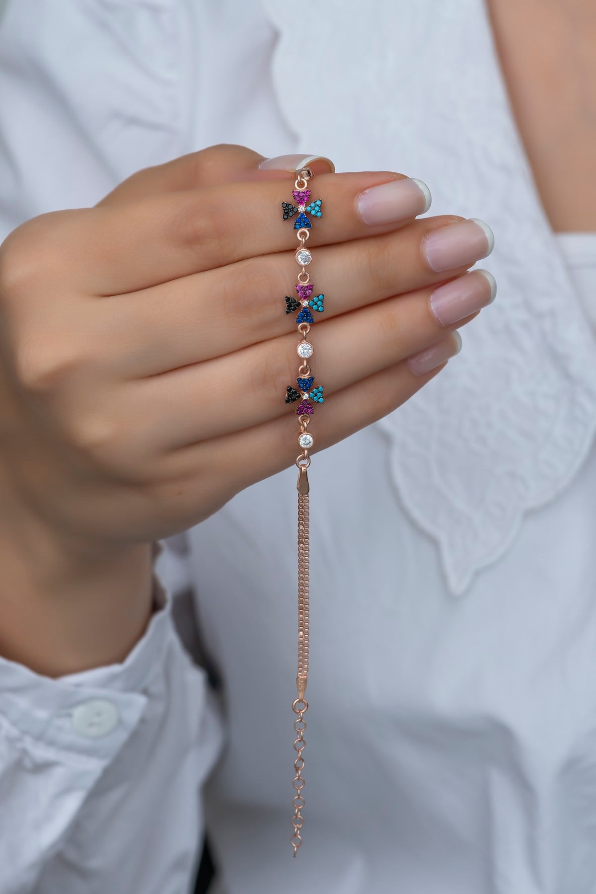 925 Ayar Gümüş Mix Taşlı 3'Lü Yonca Bileklik