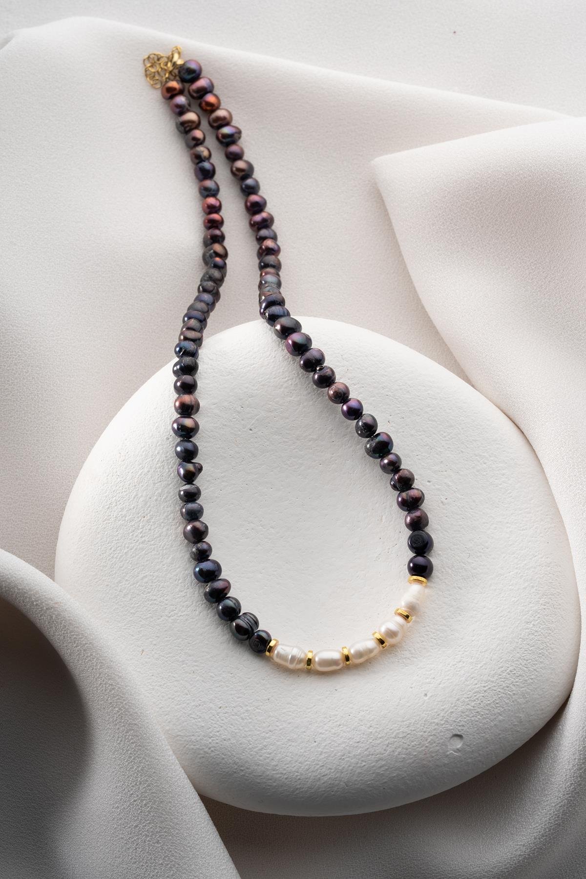 925 Ayar Gümüş Parçalı Doğal Hematit Taşlı Doğal İnci Detaylı Kolye