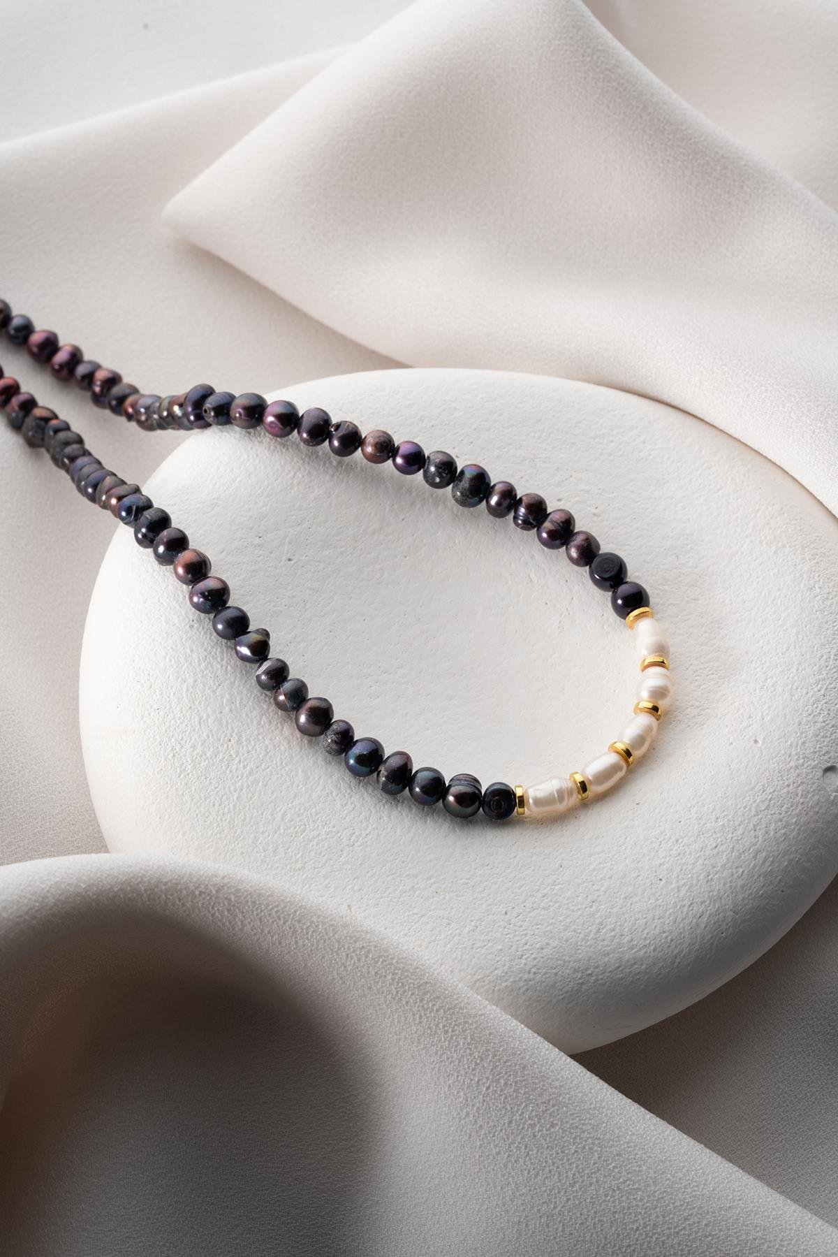 925 Ayar Gümüş Parçalı Doğal Hematit Taşlı Doğal İnci Detaylı Kolye