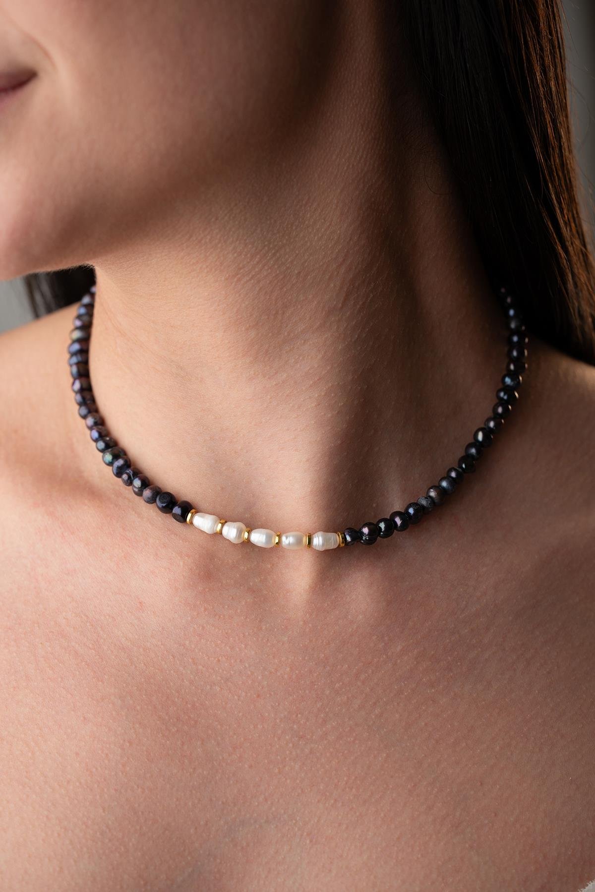 925 Ayar Gümüş Parçalı Doğal Hematit Taşlı Doğal İnci Detaylı Kolye