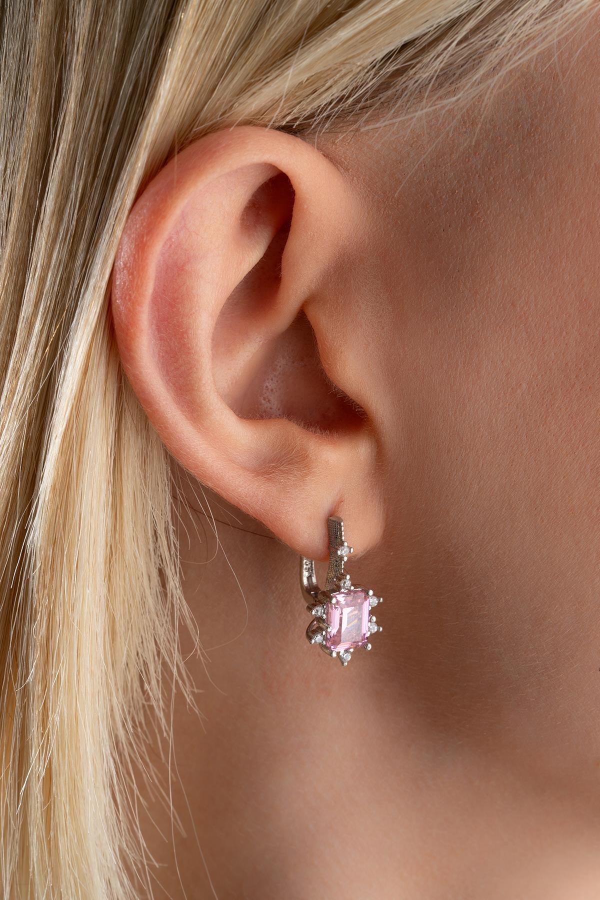 925 Ayar Gümüş Pembe Baget Taşlı Küpe Ve Kolye Set