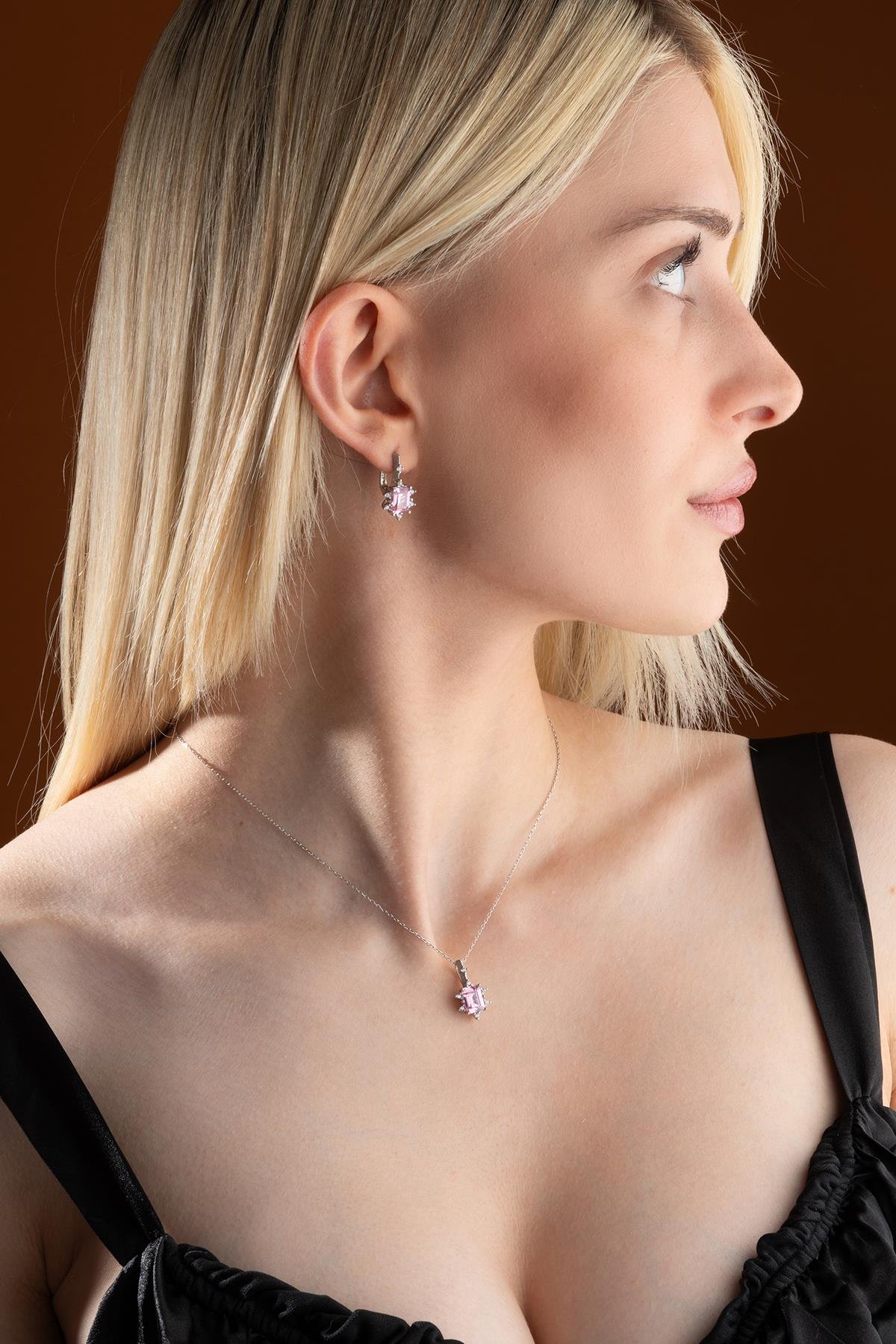 925 Ayar Gümüş Pembe Baget Taşlı Küpe Ve Kolye Set