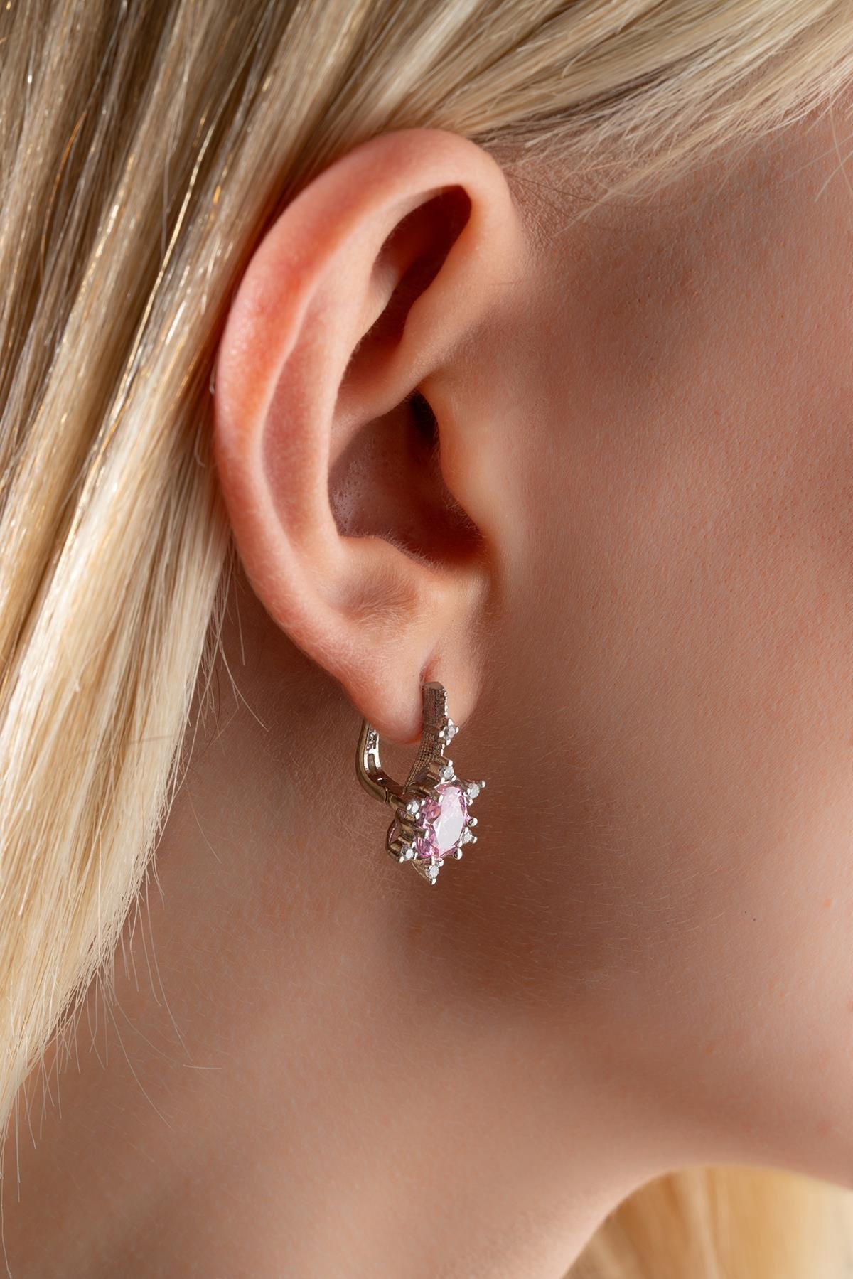 925 Ayar Gümüş Pembe Oval Taşlı Küpe Ve Kolye Set