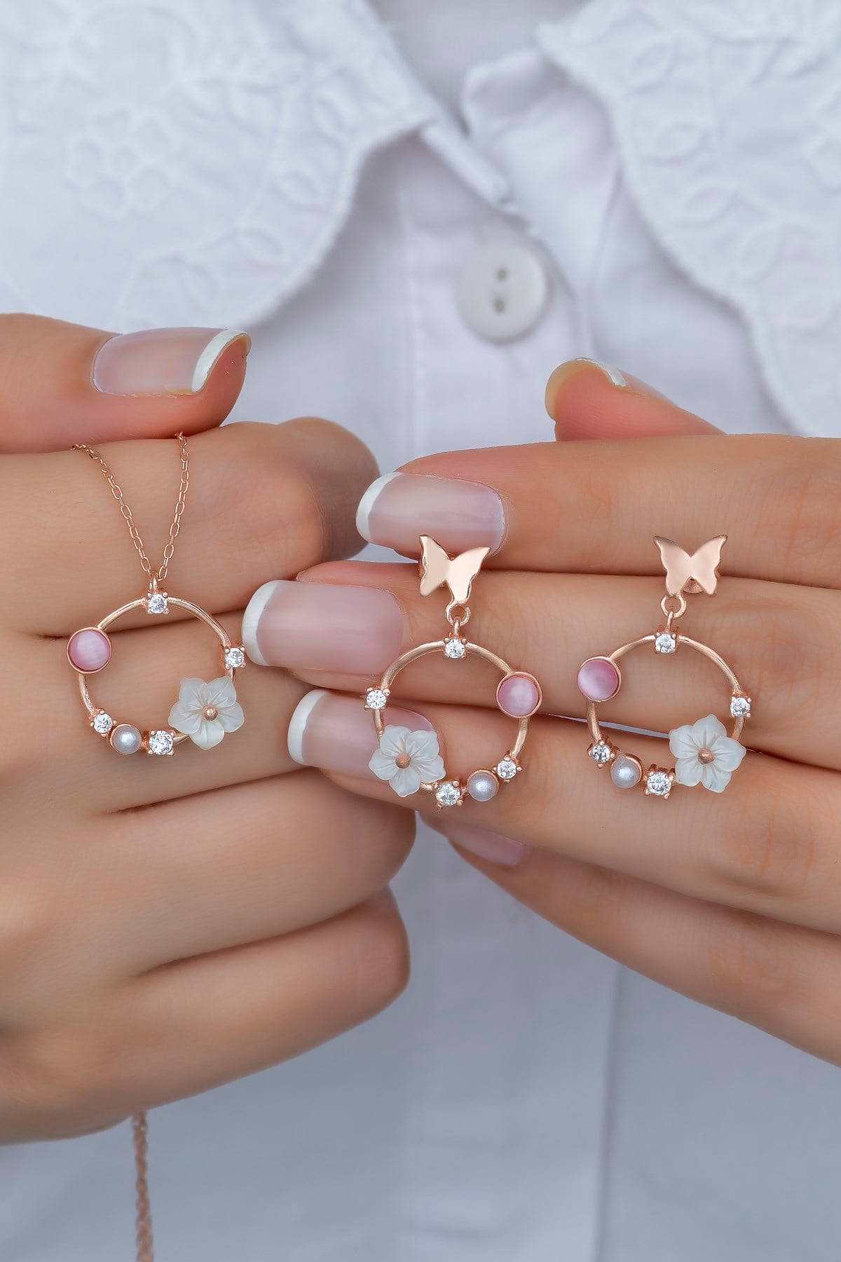 925 Ayar Gümüş Pembe Taşlı Daire Manolya Çiçeği Kolye ve Küpe Set