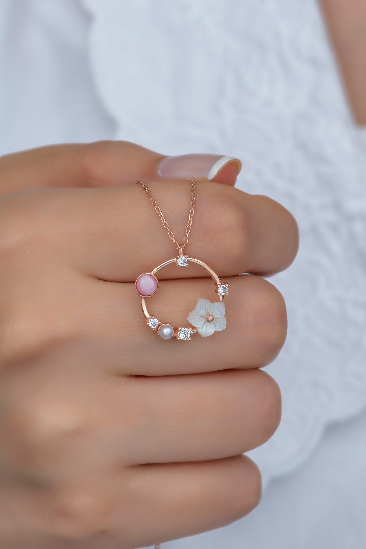 925 Ayar Gümüş Pembe Taşlı Daire Manolya Çiçeği Kolye ve Küpe Set