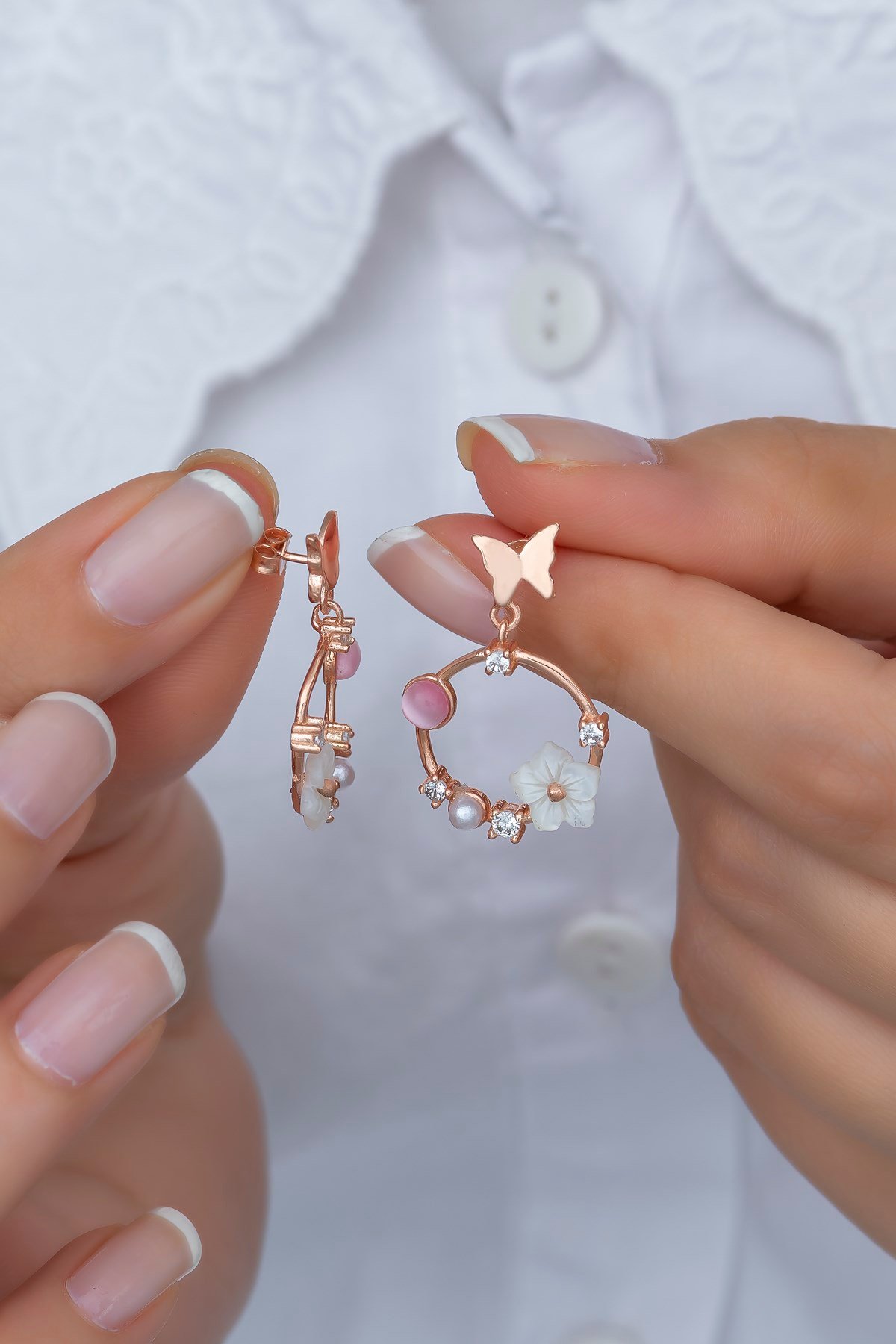 925 Ayar Gümüş Pembe Taşlı Daire Manolya Çiçeği Kolye ve Küpe Set