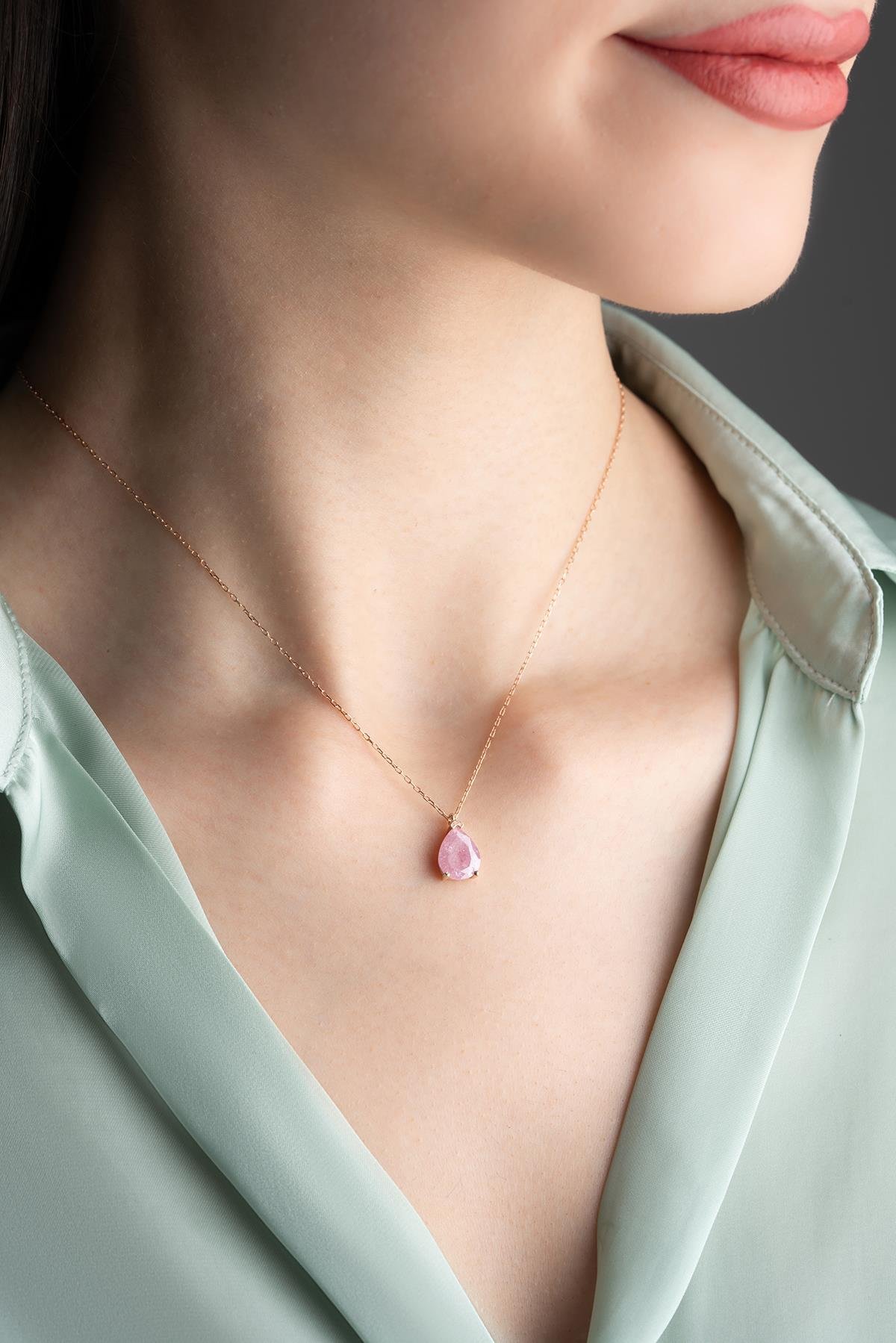 925 Ayar Gümüş Pembe Taşlı Damla Model Kolye