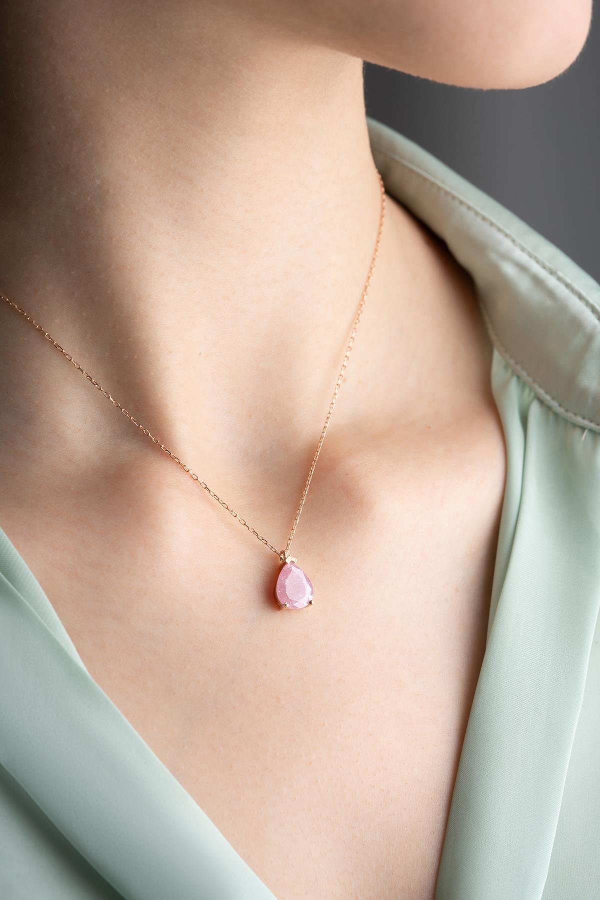 925 Ayar Gümüş Pembe Taşlı Damla Model Kolye