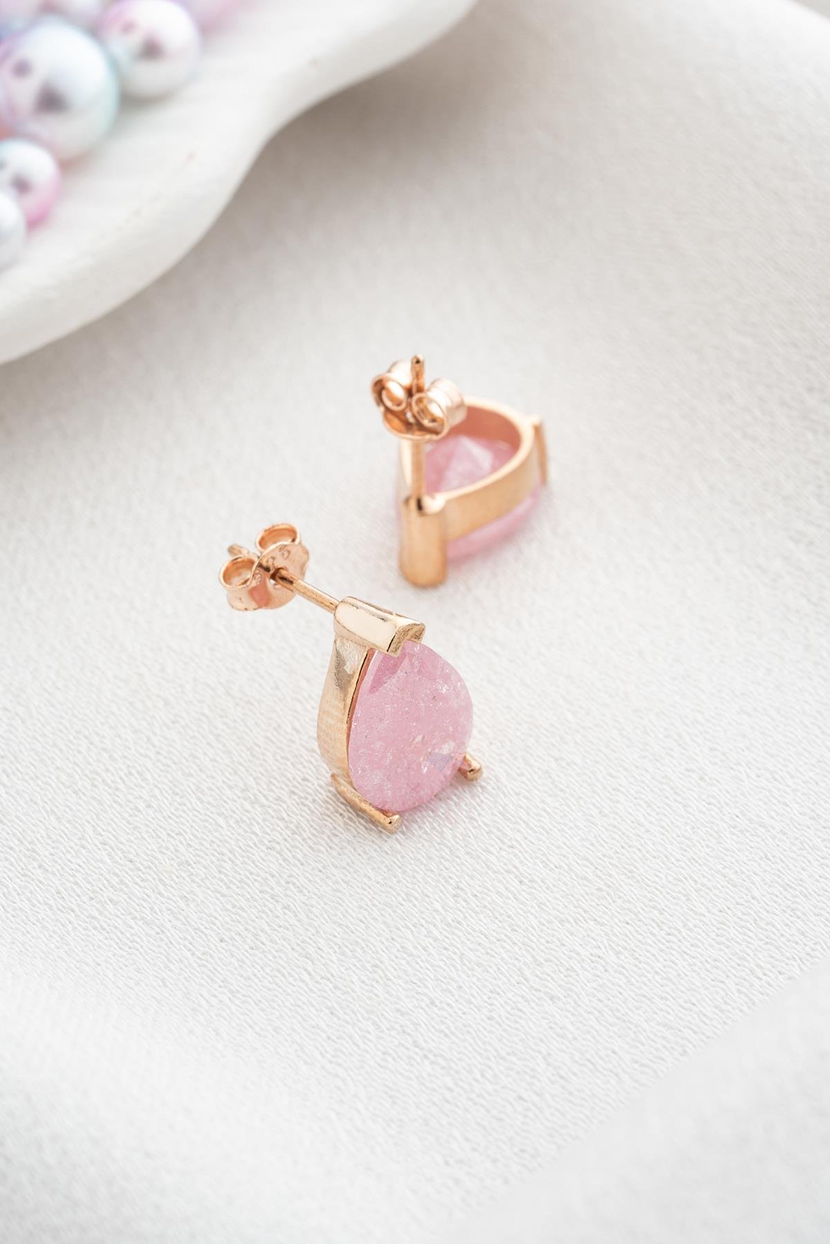 925 Ayar Gümüş Pembe Taşlı Damla Model Küpe