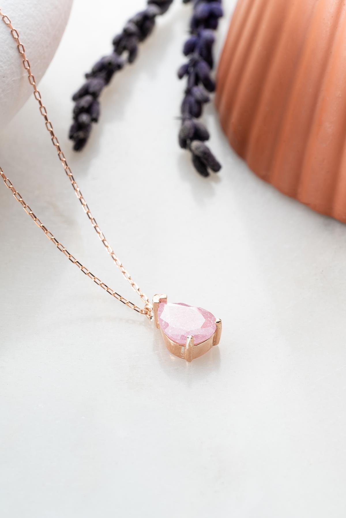 925 Ayar Gümüş Pembe Taşlı Damla Model Kolye