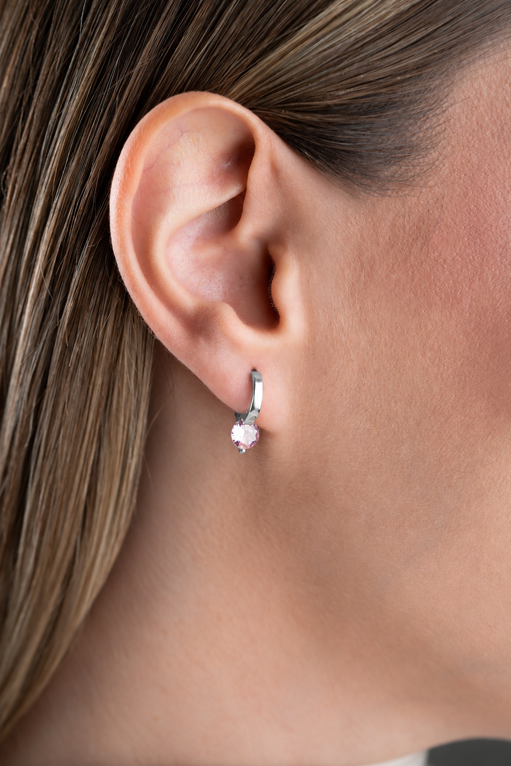 925 Ayar Gümüş Rodyum Kaplama 12 mm Pembe Taşlı Halka Küpe