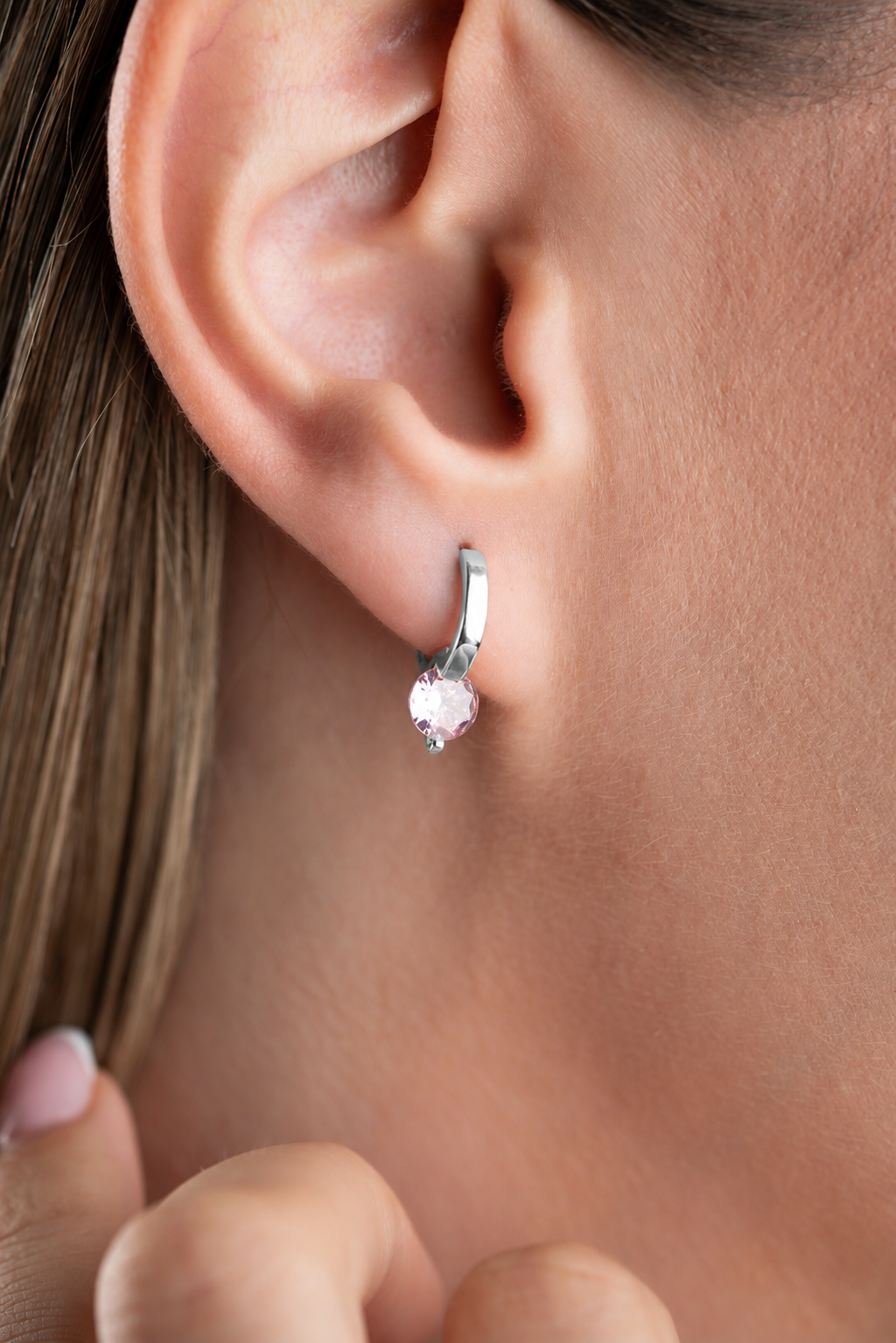 925 Ayar Gümüş Rodyum Kaplama 12 mm Pembe Taşlı Halka Küpe