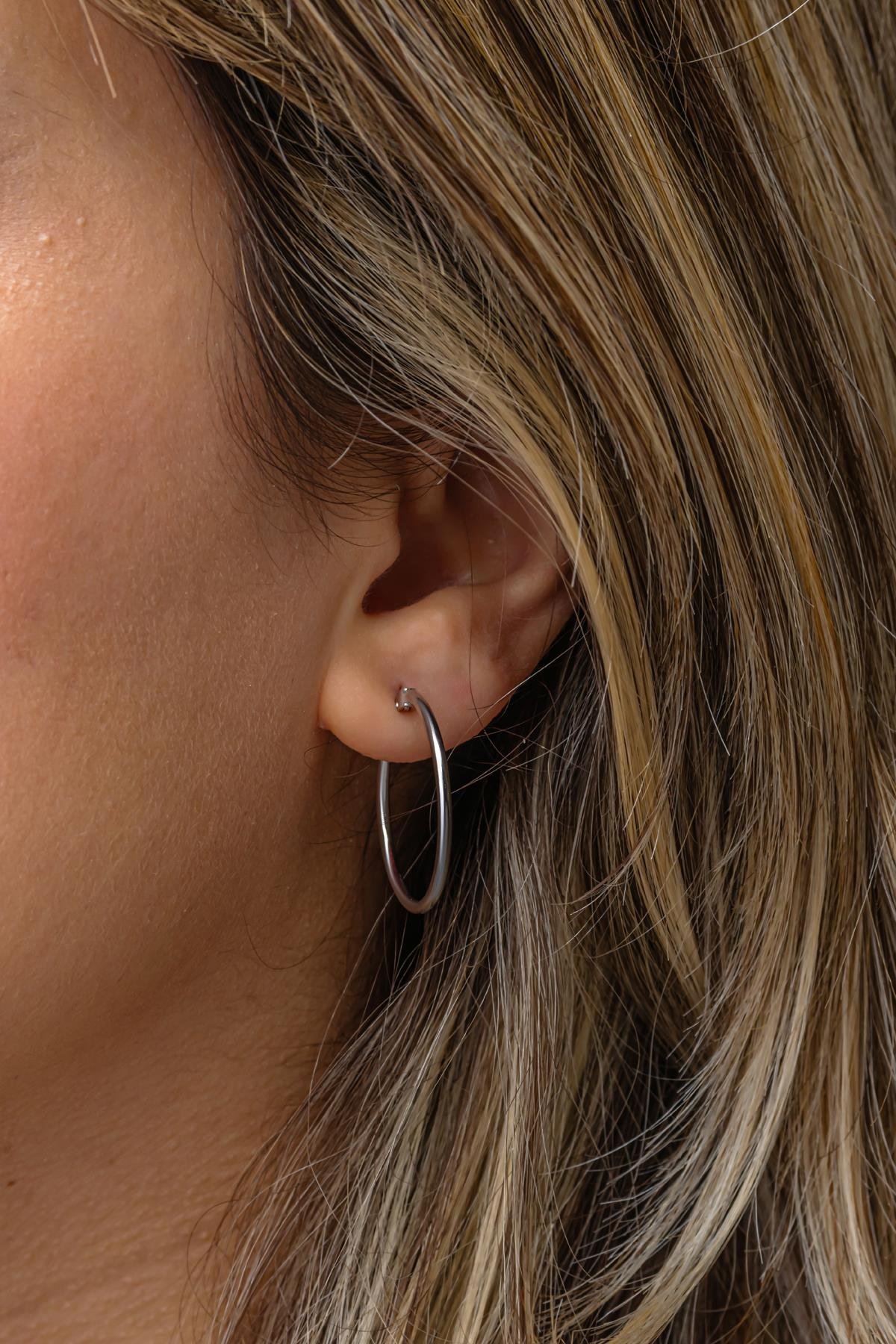 925 Ayar Gümüş Rodyum Kaplama 25 mm Sade Halka Küpe