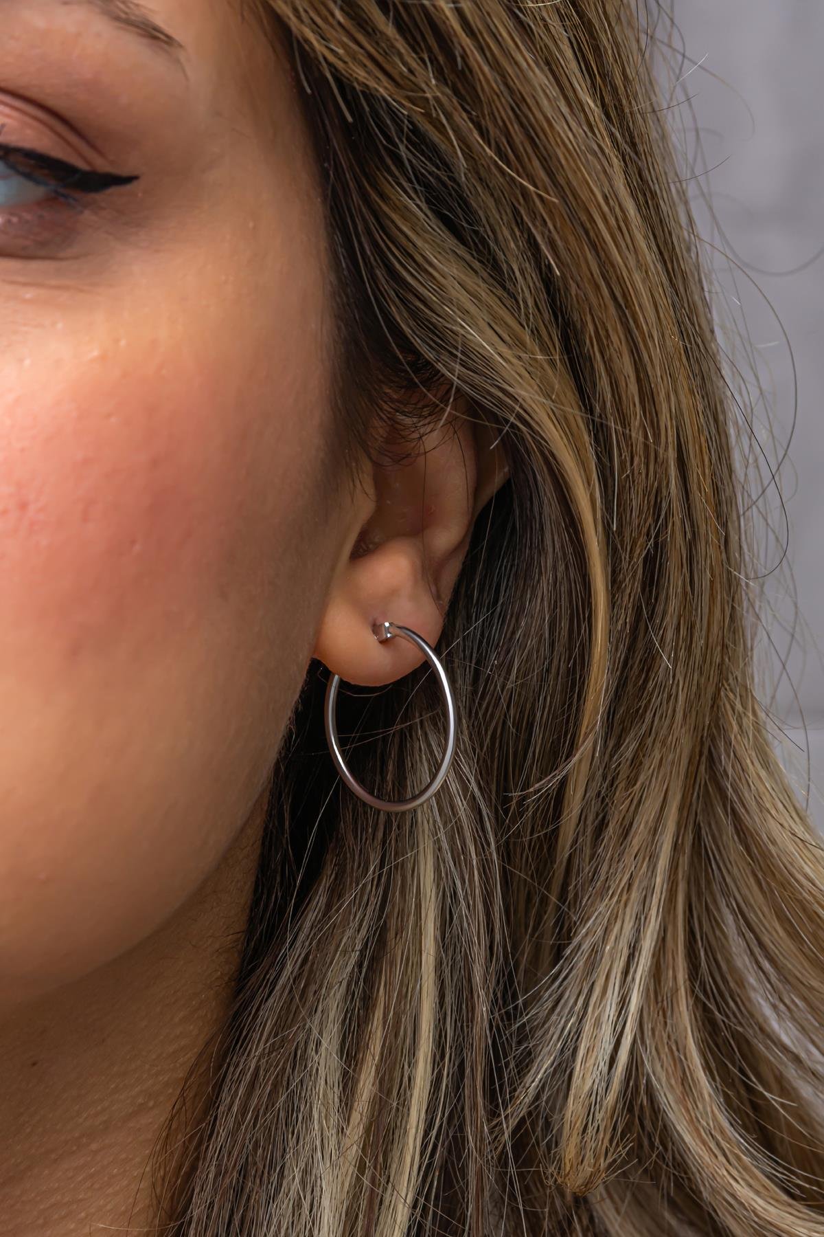 925 Ayar Gümüş Rodyum Kaplama 25 mm Sade Halka Küpe