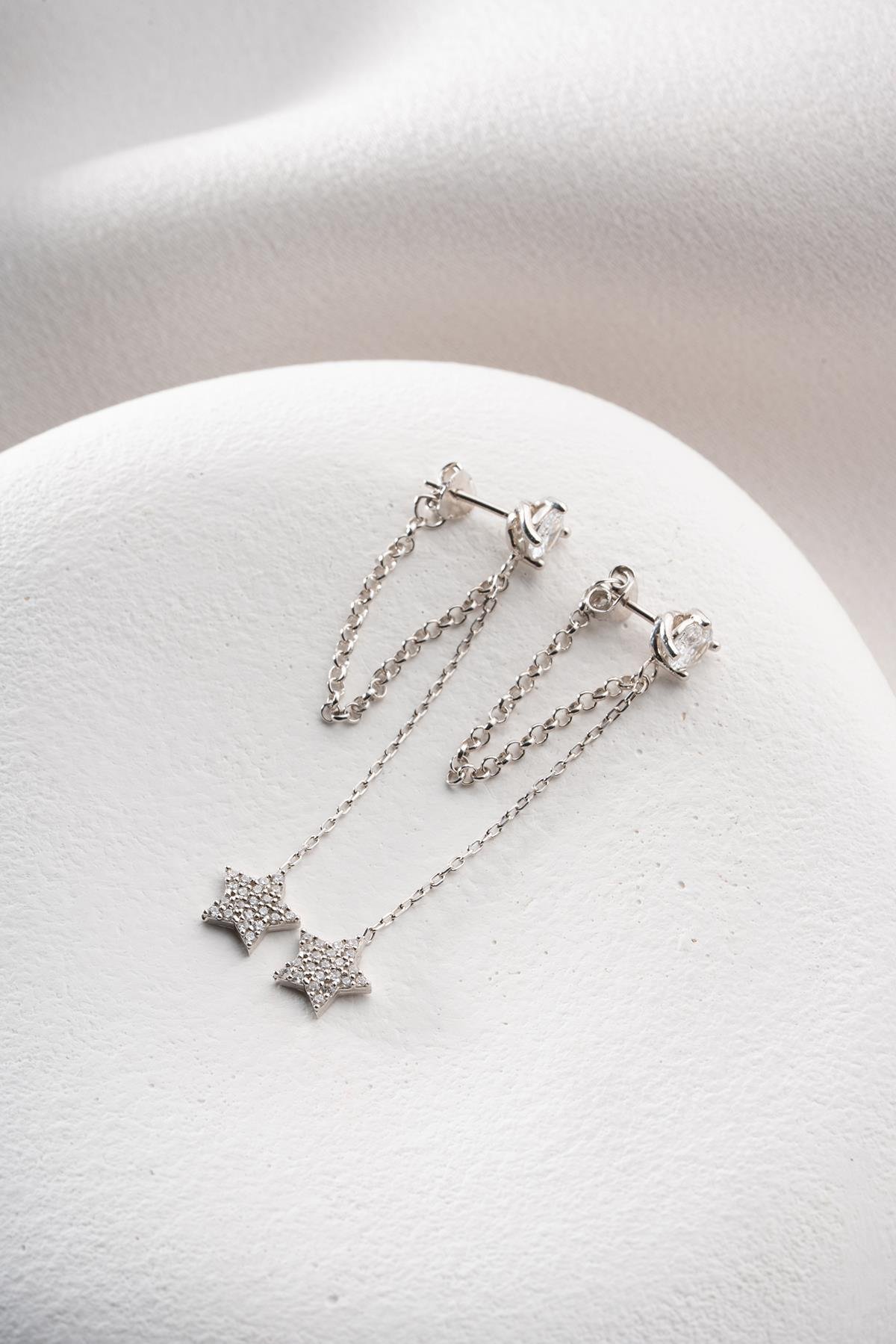 925 Ayar Gümüş Rodyum Kaplama 5 Mm Tektaş Sallantılı Zincir Zirkon Taşlı Yıldız Küpe