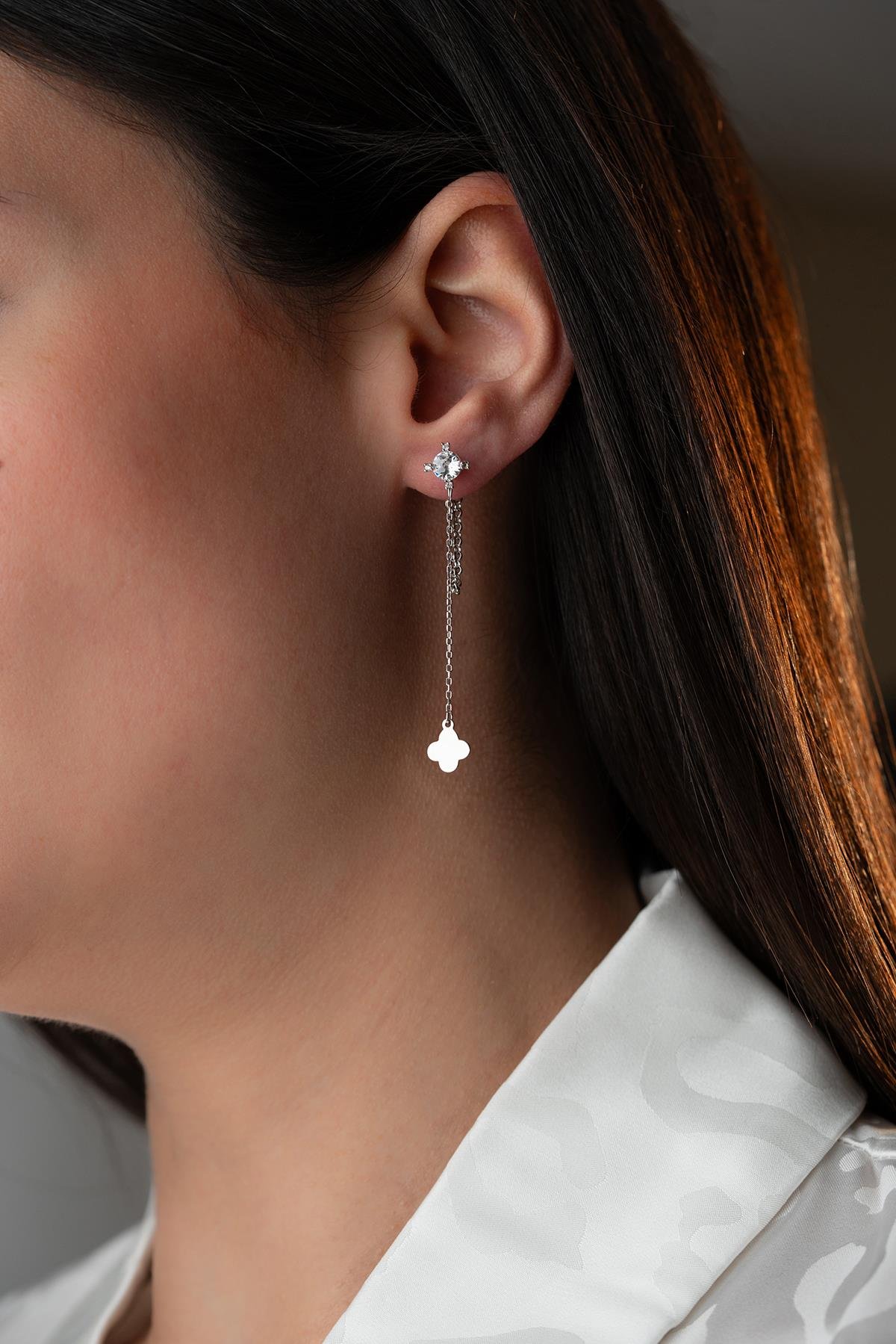 925 Ayar Gümüş Rodyum Kaplama 5 Mm Tektaş Sallantılı Zincir Sade Yonca Model Küpe