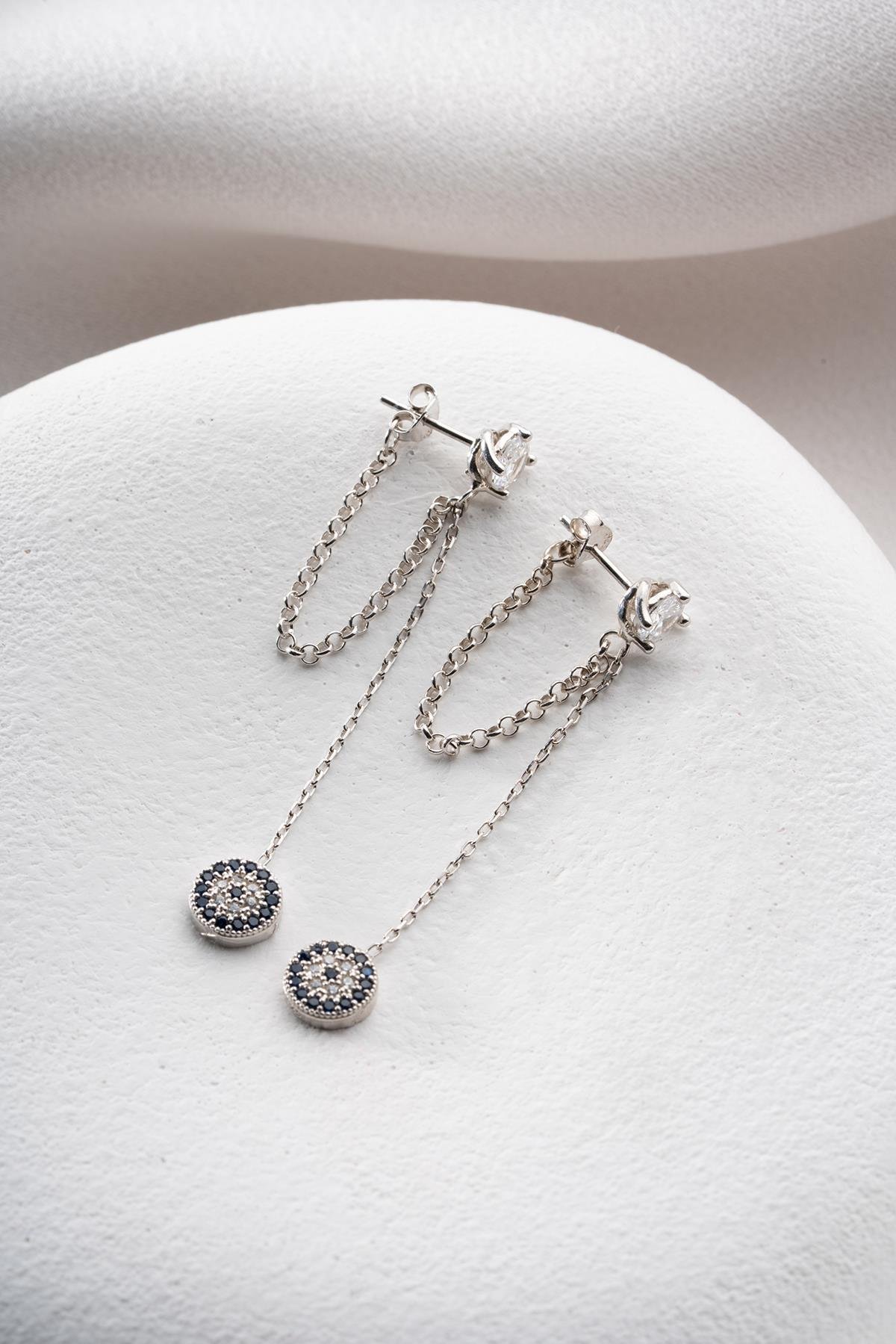 925 Ayar Gümüş Rodyum Kaplama 5 Mm Tektaş Sallantılı Zincir Nazar Küpe