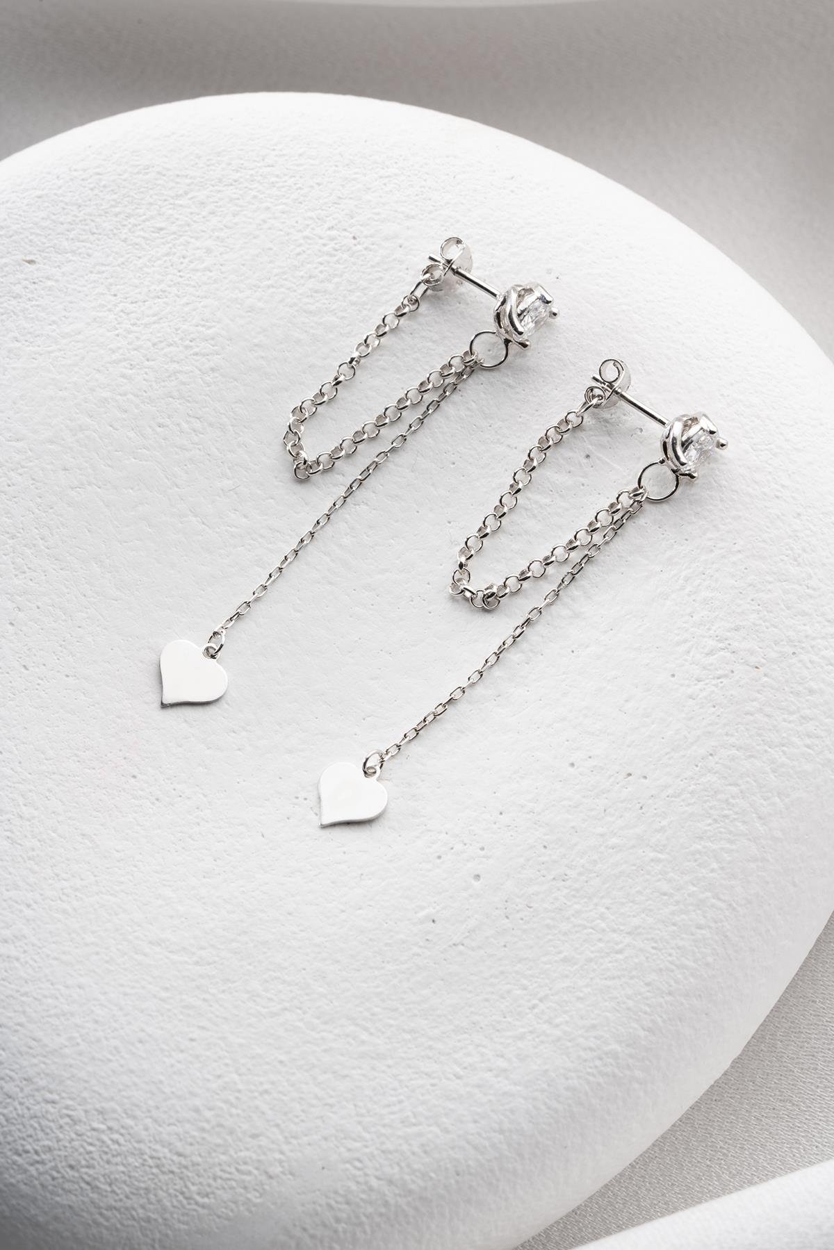 925 Ayar Gümüş Rodyum Kaplama 5 Mm Tektaş Sallantılı Zincir Sade Kalp Model Küpe