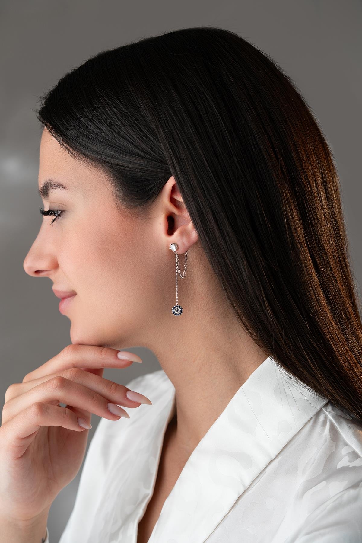 925 Ayar Gümüş Rodyum Kaplama 5 Mm Tektaş Sallantılı Zincir Nazar Küpe